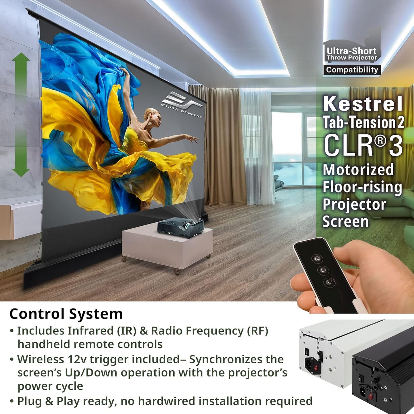 Elite Screens Kestrel Tab-Tension 2 CLR3, 121" 16:9, Ultra-Short Throw Ceiling Ambient Light Rejecting (CLR/ALR) Electric Floor-Rising Motorized Front Projector Screen, Black Casing, FTE121UH3-CLR3
