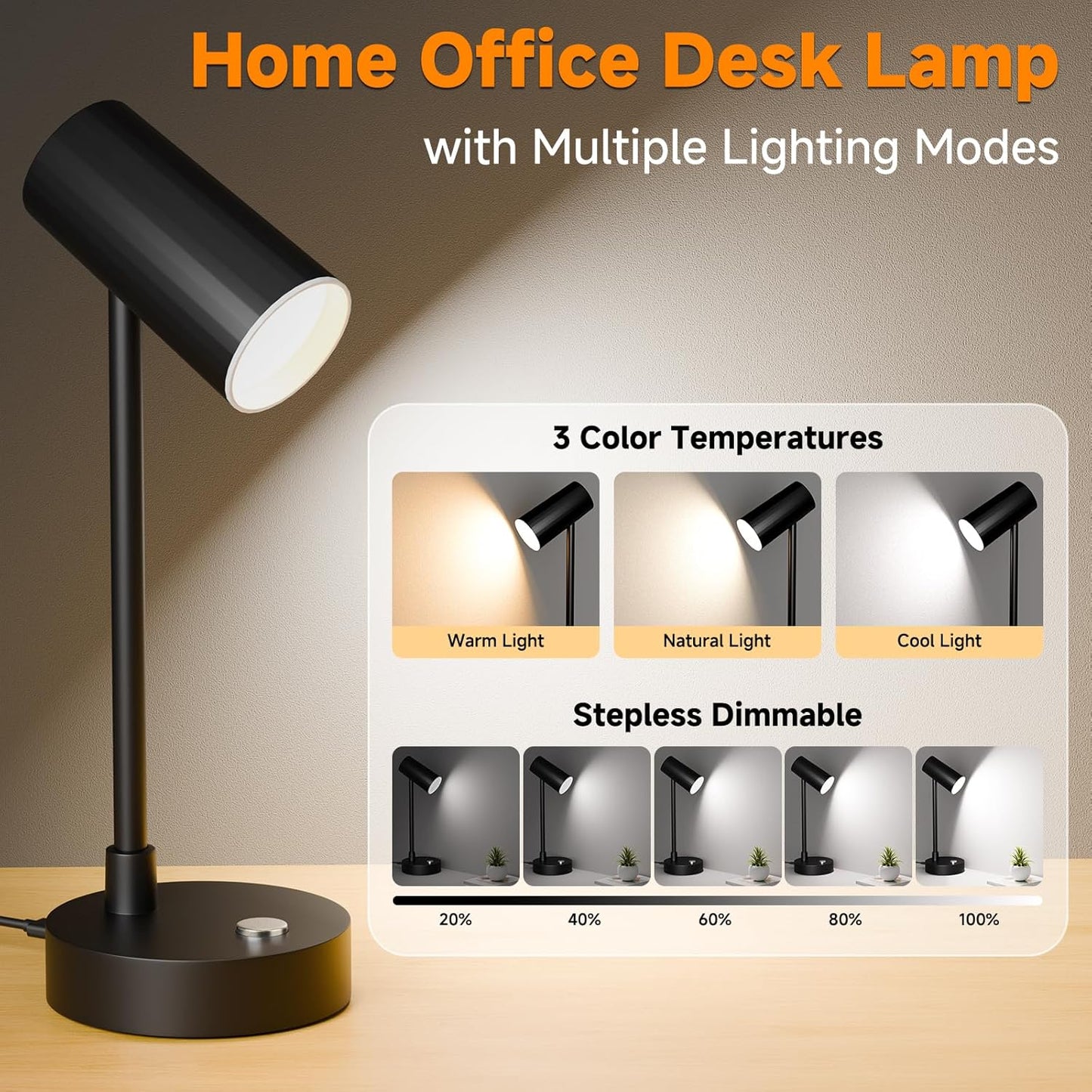 ShineTech Adjustable LED Eye-Caring Desk Lamp, Dimmable Stepless Brightness, 3 Color Modes, Touch Nightstand Lamp for Home Office, Study, Bedroom, Black