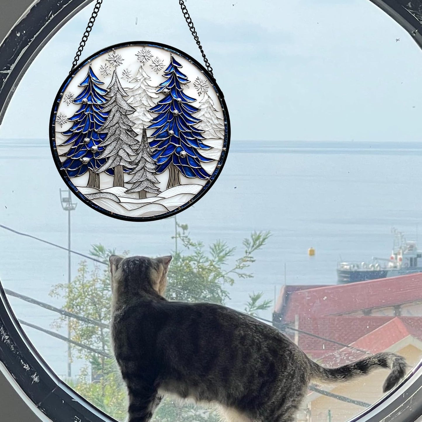 Stained Glass Window Hanging 4 Pcs Set White Winter Christmas Snow Scene Large 15" - Suncatcher Door Garden Sun Catcher Decor Birthday for Mom Woman Nana Men Friend Wife