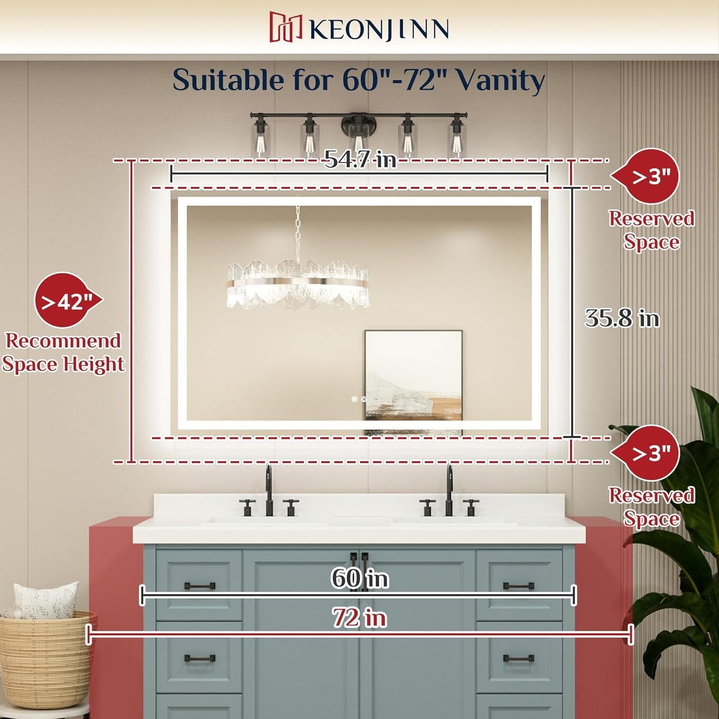 Keonjinn 55 ” x 36 ” Lighted Mirror for Bathroom Wall, LED Mirror with Frontlit & Backlit, Bathroom Mirror with Lights, Dimmable 3-Color Lights, HD Tempered Glass, UL-Listed LED Driver