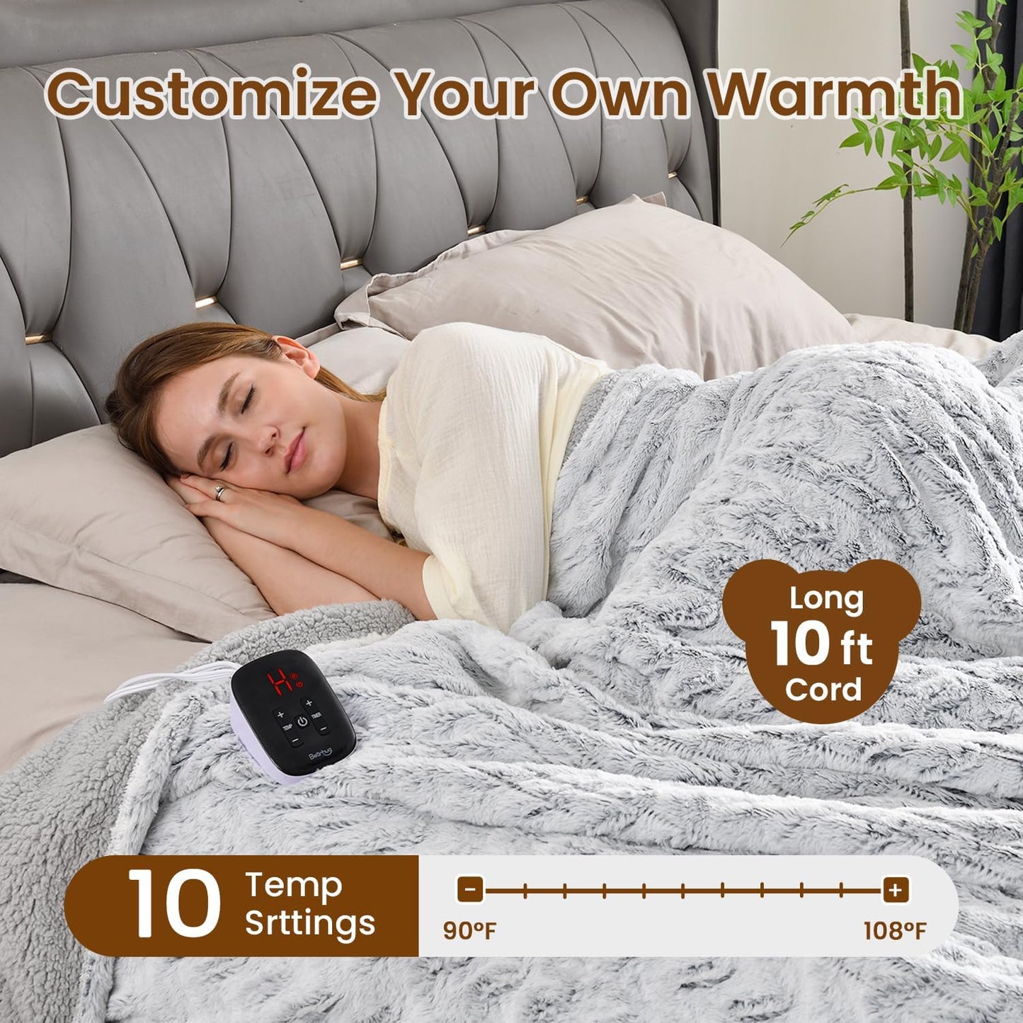 Bearhug Electric Blanket Full Size 77" x 84", 10 Heat Settings Heated Blanket, 1-12 Hour Auto Shut-Off, Faux Fur & Sherpa Dual-Sided Heating Blanket, Machine Washable, Gift-Ready Elegant Packaging