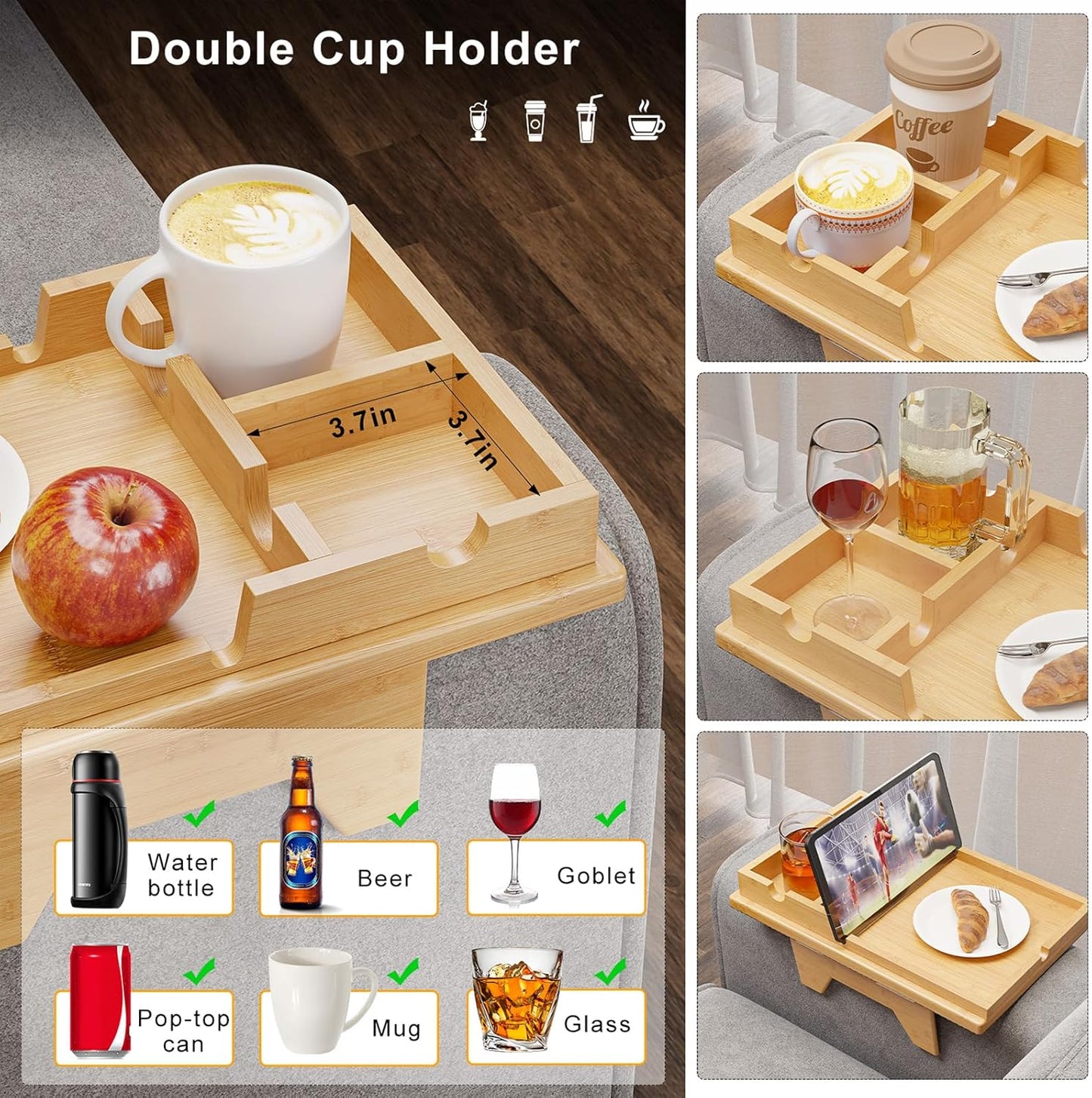 Bamboo Couch Cup Holder Tray - 2 in 1 Couch Armrest Table with Be Slide-Away Detachable Double Holder - Sofa Armchair Caddy for Drinking Snacks iPad TV Remote