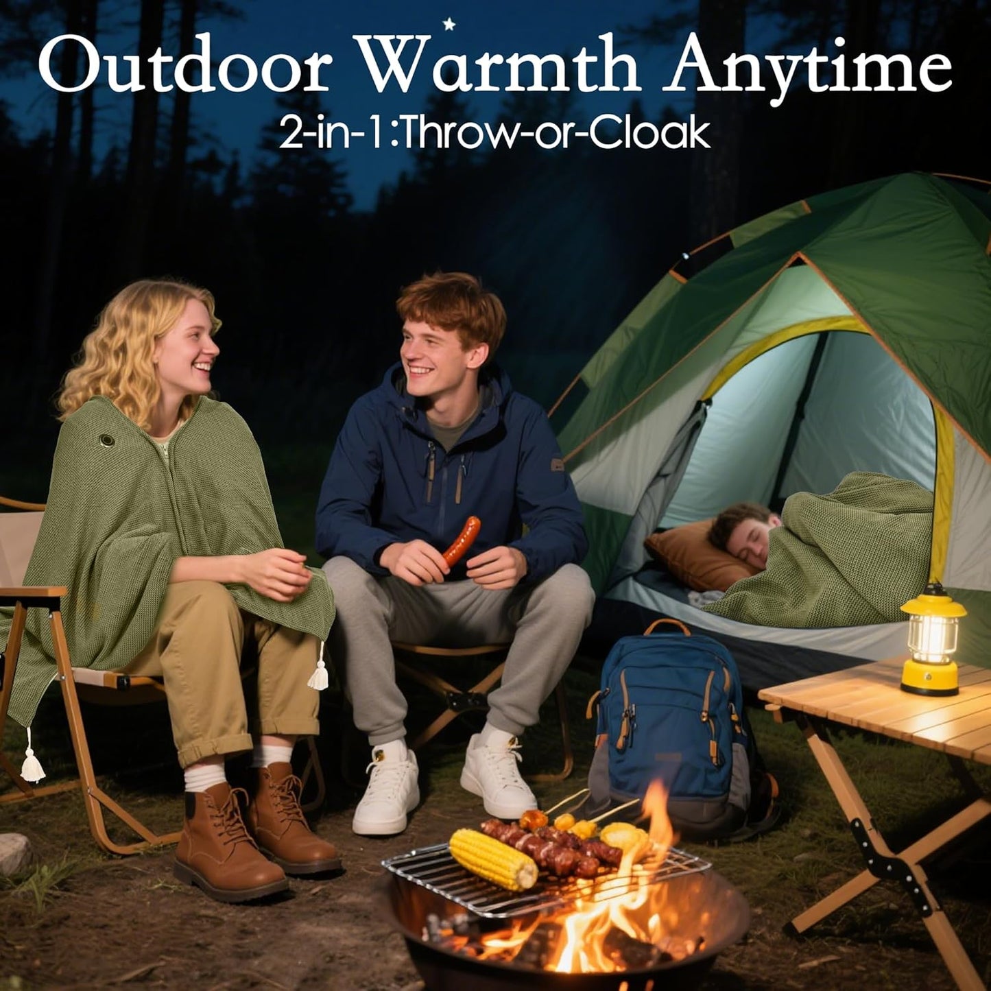 Wearable Heated Blanket Shawl 71" × 43", Includes 2× 20000mAh 22.2W Power Bank, 11 Heating Zones, 3 Heat Levels & 1–6H Timer, 20s Fast Warm, Machine Washable for Camping/Office/Travel (Green)