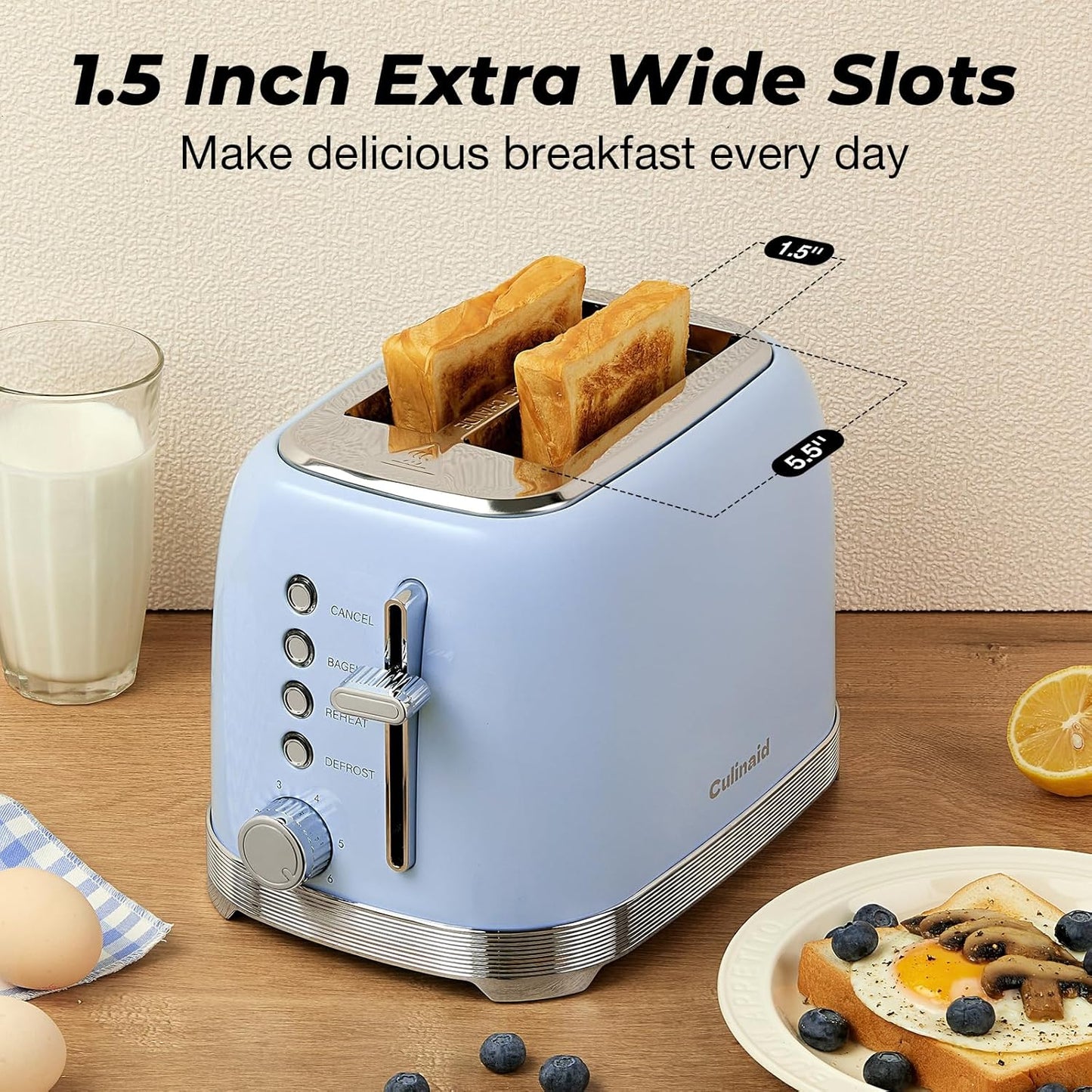 Toaster 2 Slice Retro Stainless Steel with 1.5” Extra Wide Slots Bagel, Defrost, Reheat, Cancel Functions, 6 Bread Shade Settings, Removable Crumb Tray, Blue