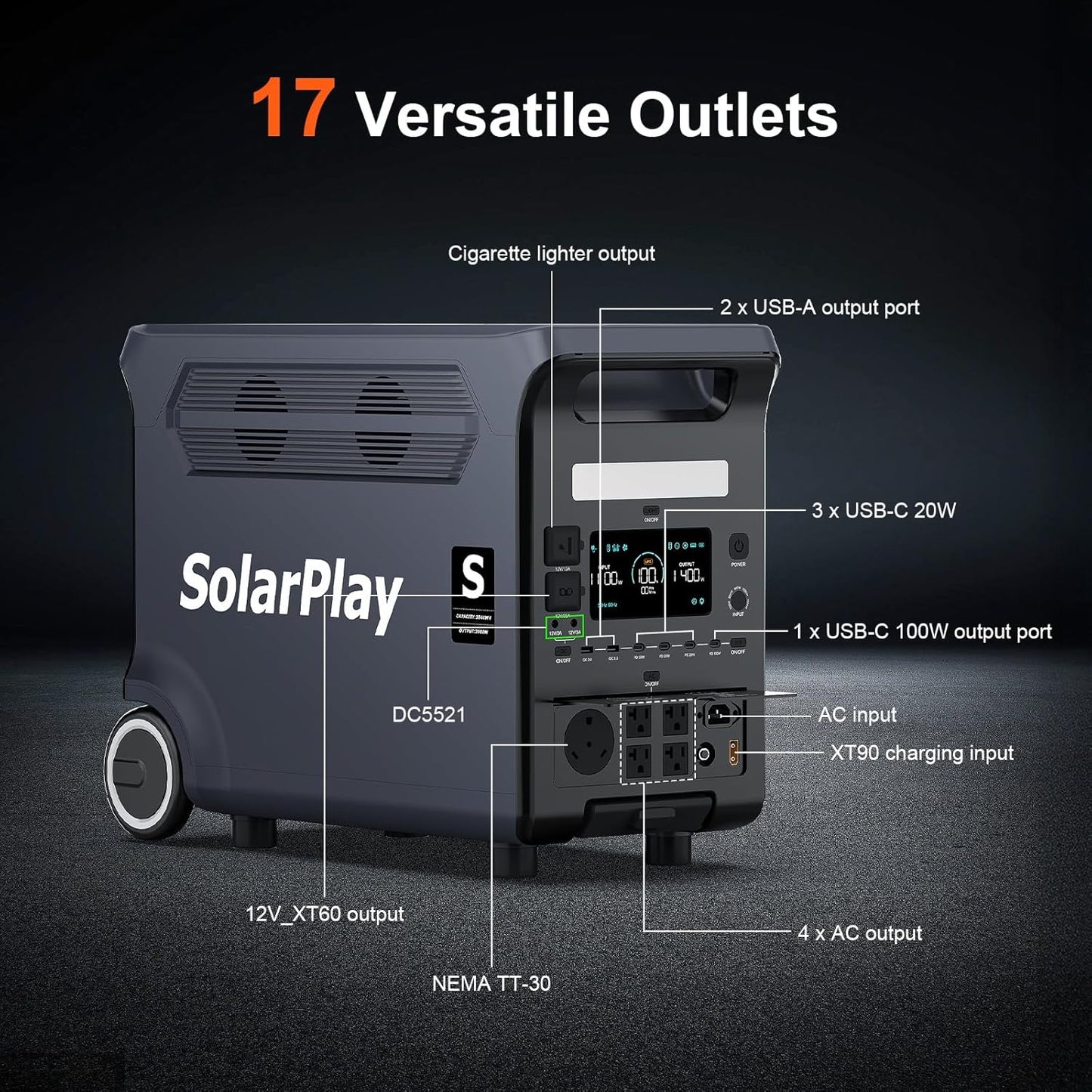 SolarPlay Q3600 Portable Power Station with 400W Solar Panel, 3600W AC Output(Surge 5500W) 3840Wh LiFePO4 Battery Solar Generator, Essential Home Backup for Home Use, Power Outages, RV, Camping