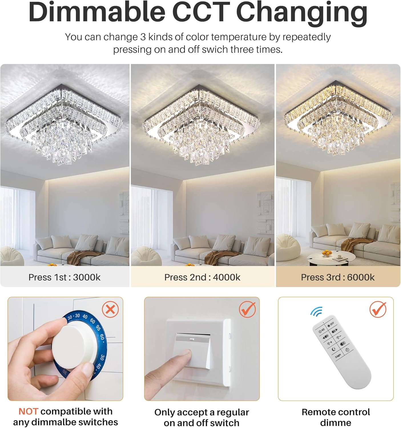 Elegant LED Crystal Raindrop Ceiling Light,18in Square Flush Mount Chandelier with Remote for Living Room Kitchen Island Bedroom Hallway Entryway Foyer (Dimmable)