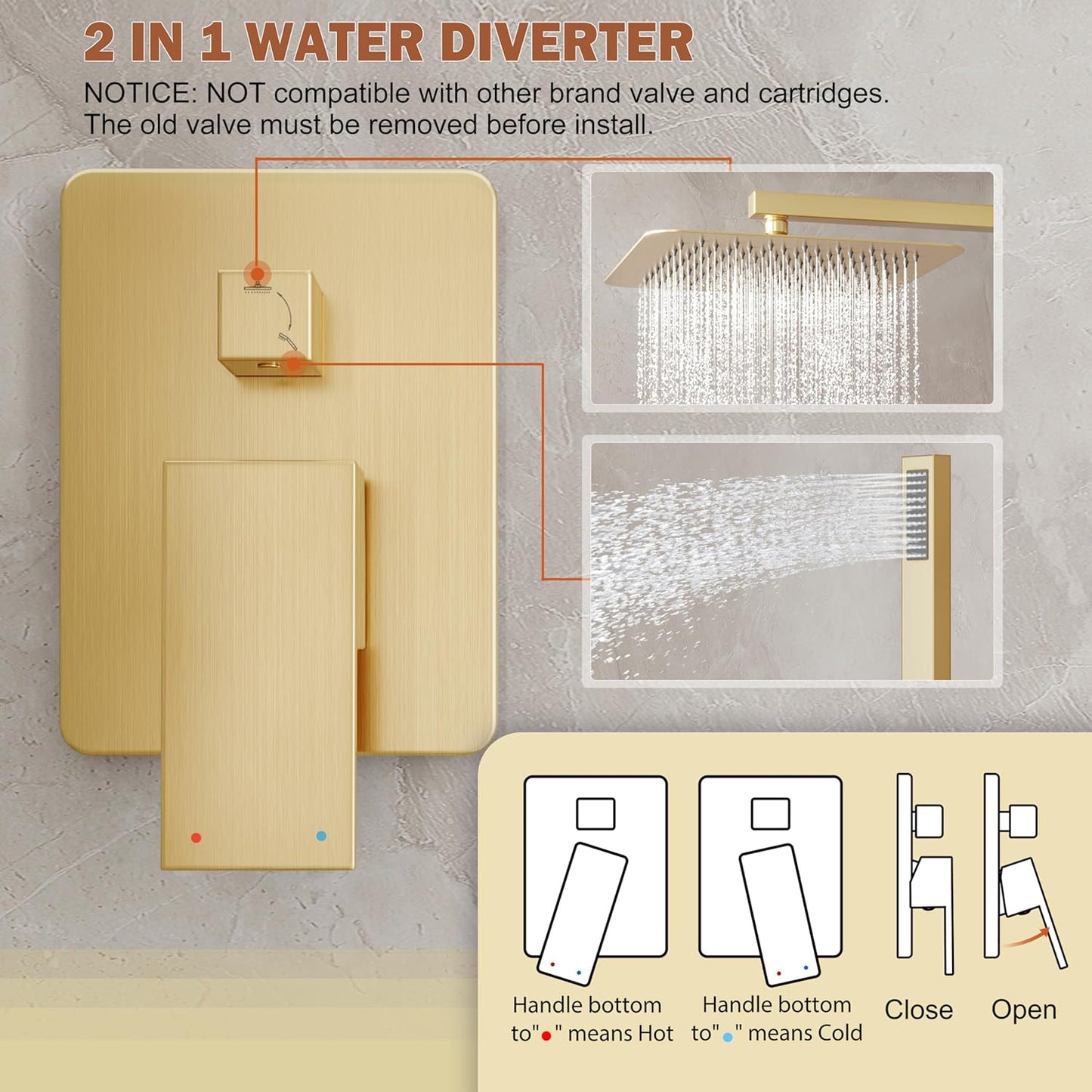 Shower System, Gold Shower Faucet Set with 12-Inch Rain Showerhead and Handheld Spray, Wall Mounted High-Pressure Showerhead Combo Set Included Valve and Trim, Brushed Gold
