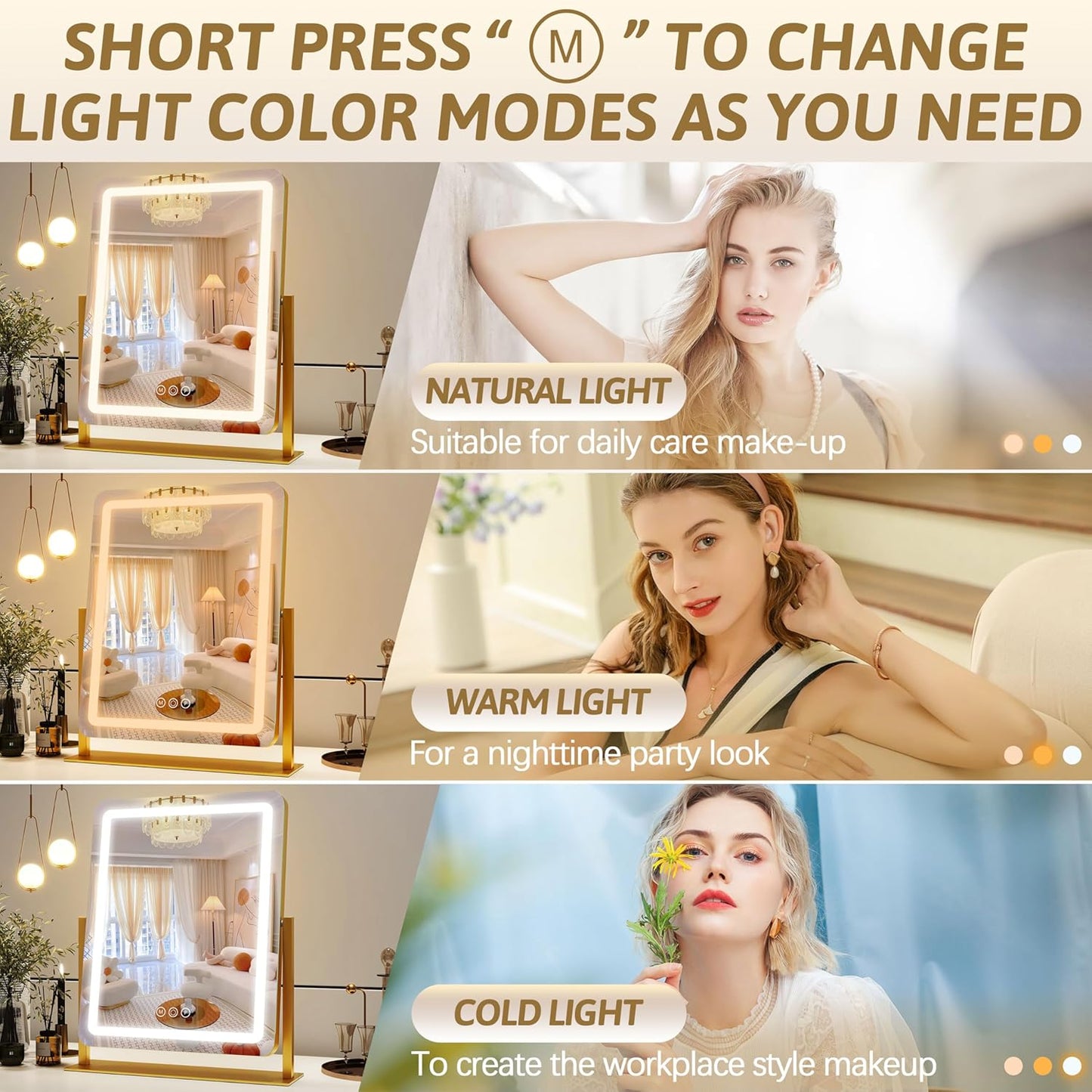 ROLOVE Vanity Mirror with Lights, 18"x22" LED Makeup Mirror with 10X Magnification, Smart Touch 3 Colors Dimmable, Light Up Mirror for Makeup Desk, 360° Rotation, Gold