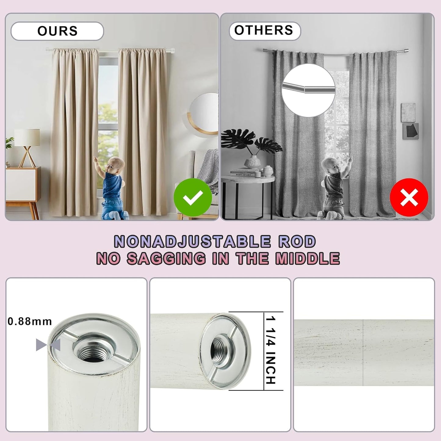 Heavy Duty Curtain Rods,1 1/4" Large Diameter Premium Nonadjustable Curtain Rod,42in/3.5ft Custom Window Treatment Rods with Durable Aluminum Brackets and End Caps,White Finish