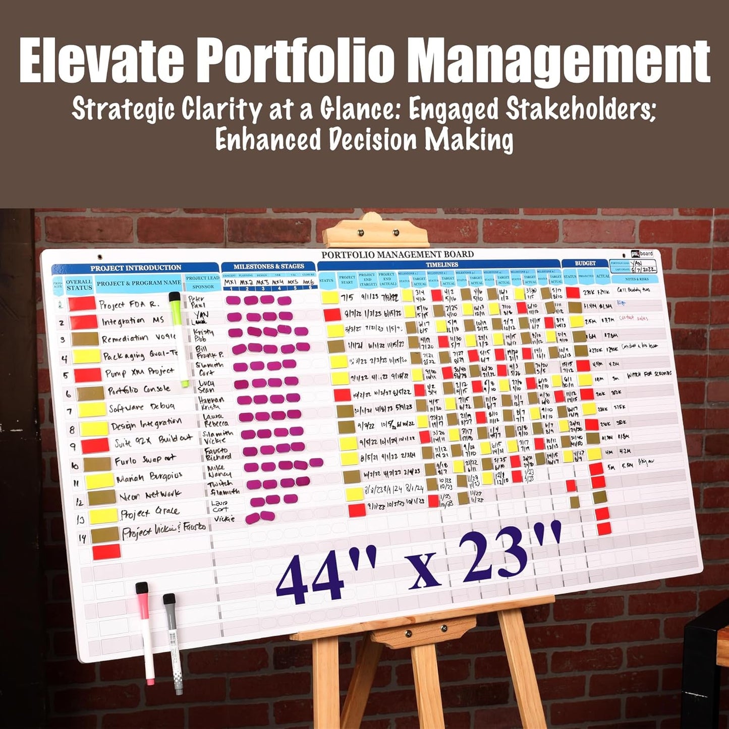 PMXBOARD Portfolio Project Management Board Set – Magnetic Whiteboard with Easel, 44” x 23”, 660 Magnets & Accessories – Track Up to 20 Projects, Budget, Risk & Timeline–Visual Project Planner&Tracker