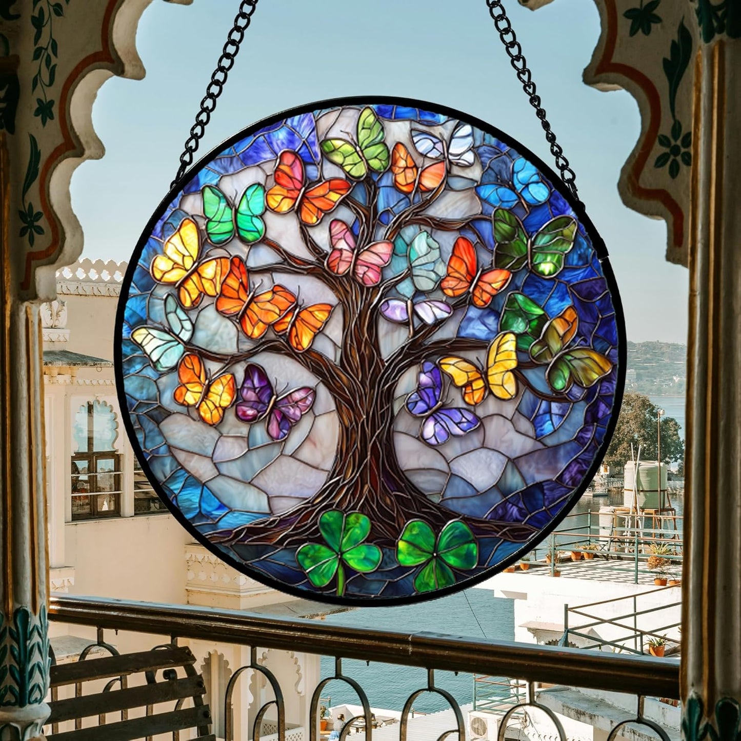 Stained Glass Window Hanging, Butterfly Tree Clover Sun Catchers Glass Panel Blue Suncatcher Decor for Birthday for Women, Men, Wife, Aunt, and Mom 14.9x14.9 in