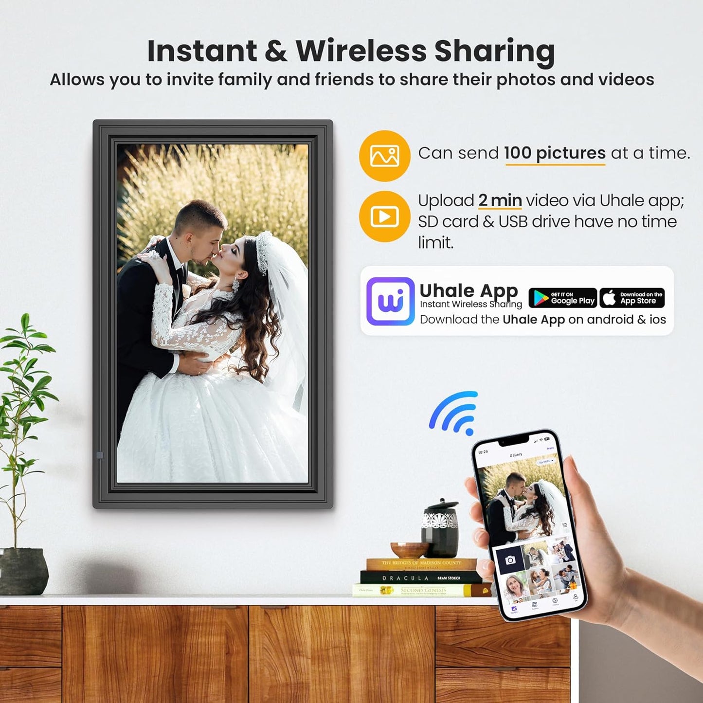 64GB 15.6" Large Digital Picture Frame, Uhale WiFi Electronic Photo Frames with 1920 x 1080 FHD IPS Touch Screen, Support Auto-Rotate Wall Mounted SD&USB Card, Share Photos/Videos from Phone Instantly