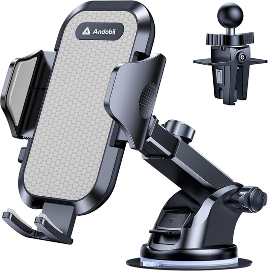 andobil Car Phone Holder, 2025 Military-Grade 89lbs Strongest Suction Phone Holders for Your Car Dashboard/Windshield/Vent Easy Clamp Cellphone Holder Truck Stand for iPhone 17 16 15 Pro Samsung Grey