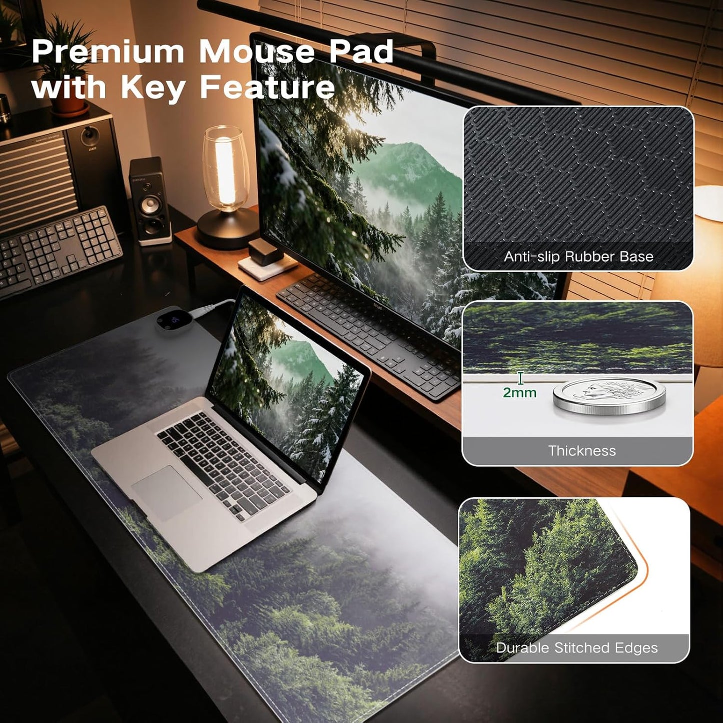 iCasso Heated Mouse Pad, XL Big Desk Pad with 4 Heating Levels & 4 Auto Shut-Off Levels for Computer Keyboard, 31.5" x 13" Large Safe Desk Mat Hand Warmer for Home Office Work (Forest)