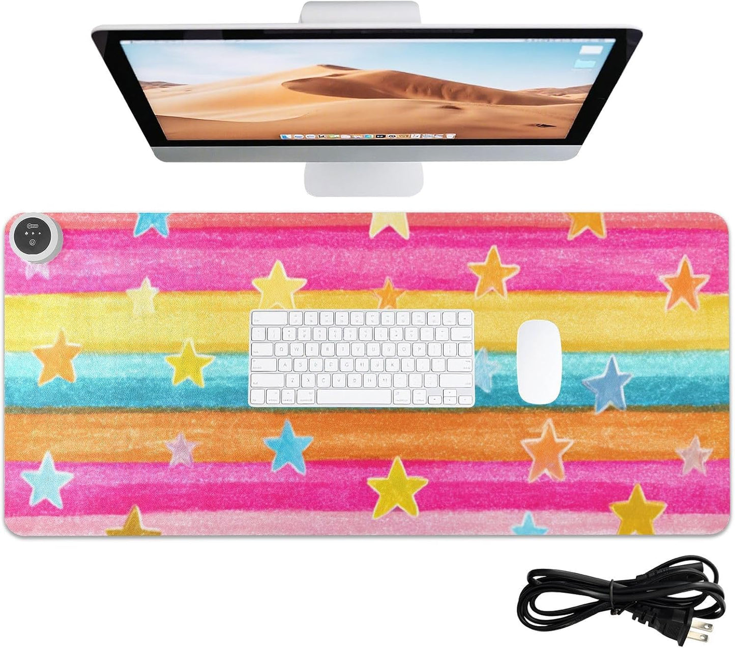Heated Desk Pad Mouse Pad 31.5x13 Inch PU Leather Desk Mat with 3 Heat Levels Large Mouse Gaming Computer Laptop Mat Bright Rainbow Striped Stars