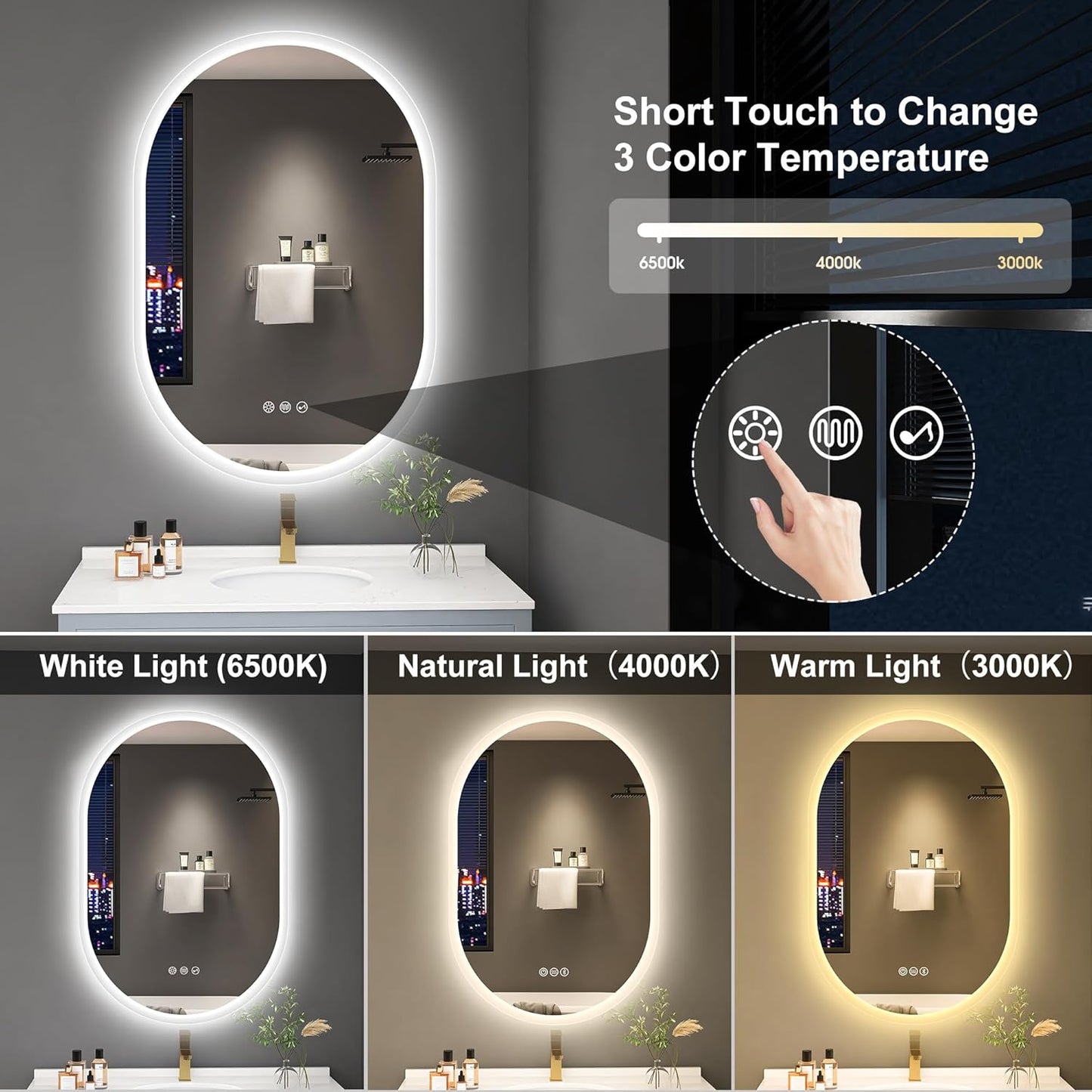 S'bagno 2pcs 24x36 Oval LED Bathroom Mirror with Lights, Anti-Fog, Bluetooth Speaker, 3 Colors Temperature & Dimmable, Lighted Mirrors for Bathroom Wall with Memory Function, Waterproof, Shatter-Proof