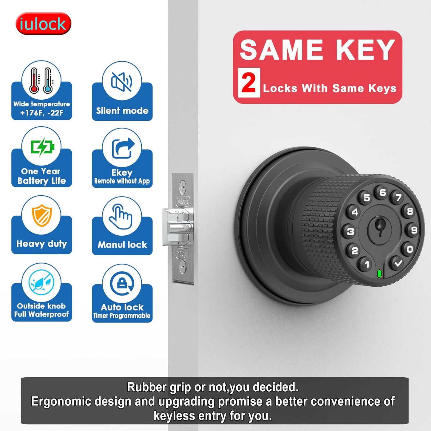 Smart Door Knob with Keypad and Key,Keyless Entry Door Lock with Rubber Grip, Auto Lock,50 User Code,Waterproof, Easy to Install and Program for Bedroom (Matte Black Same Key 2 Pack)