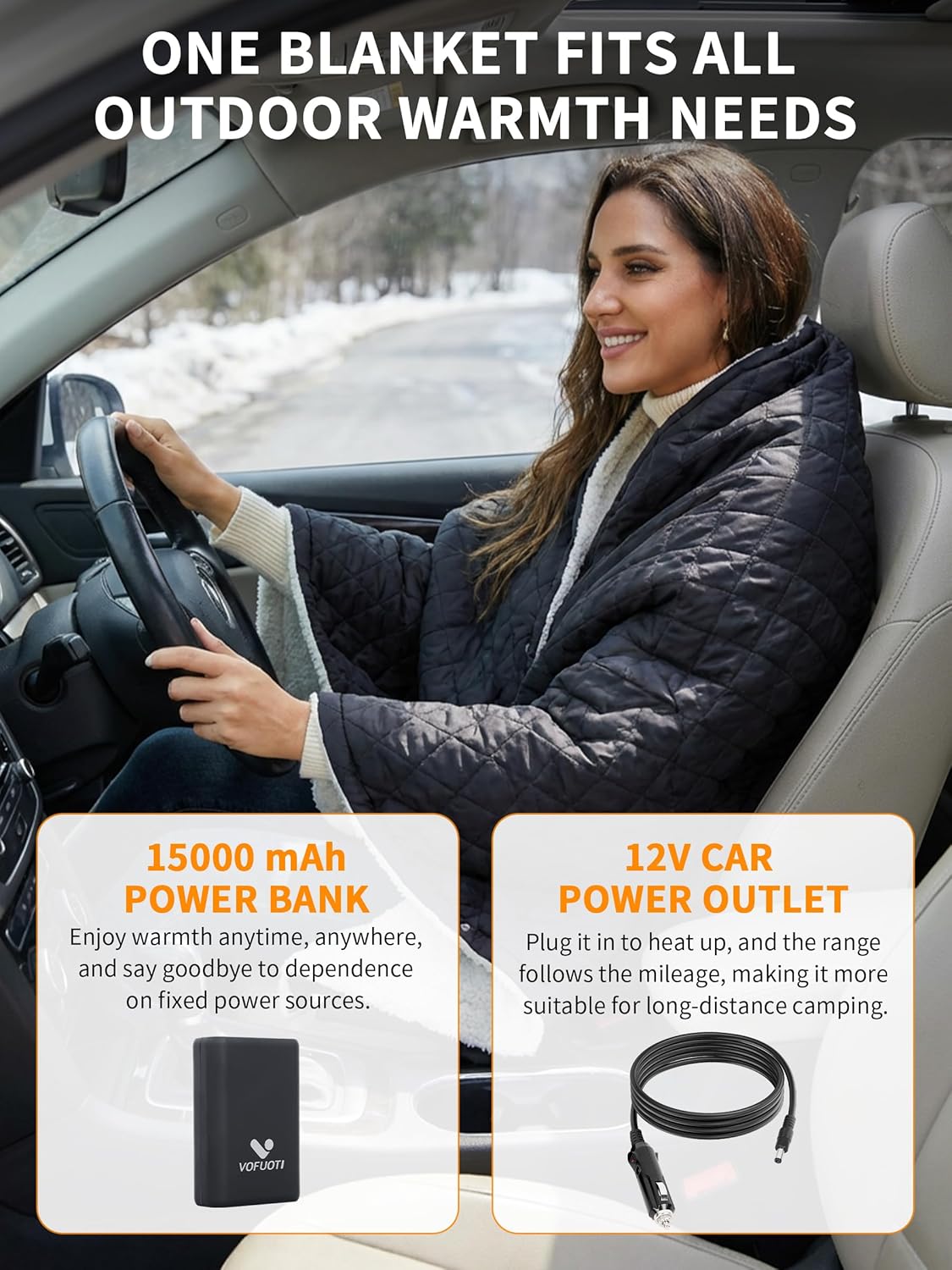 Heated Blanket Battery Operated,12V Cordless heating pad with 15000 battery,Heated Shawl Throw Blanket,Wearable Heated Blanket,Sherpa Lining,3 Heating Set for Outdoor Camping,Backpacking,Hiking,Travel