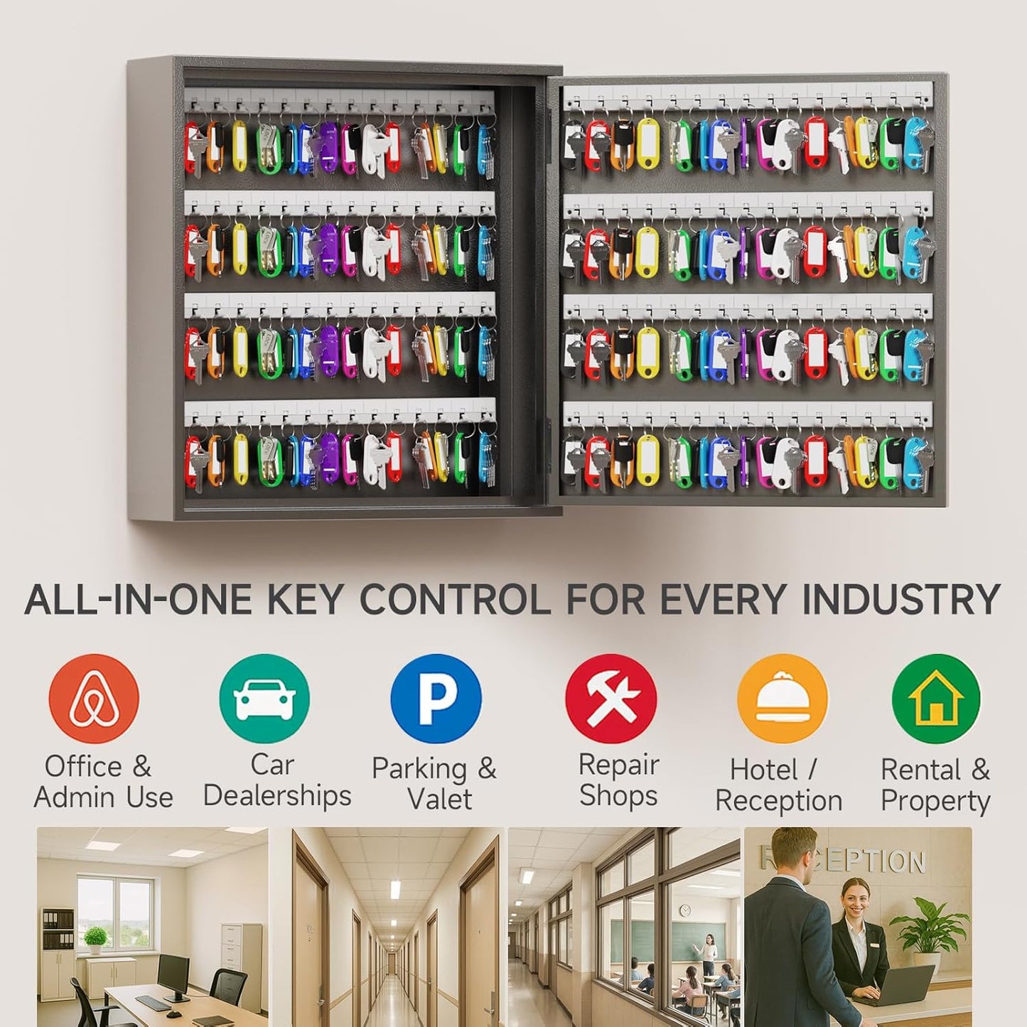 WeHere Smart Key Lock Box, Wall Mounted Key Cabinet with 120 Key Tags, Bluetooth App Control, OTP & Password Unlock, Wi-Fi Remote Unlock (Bridge Required), Steel Key Safe for Office Home Business