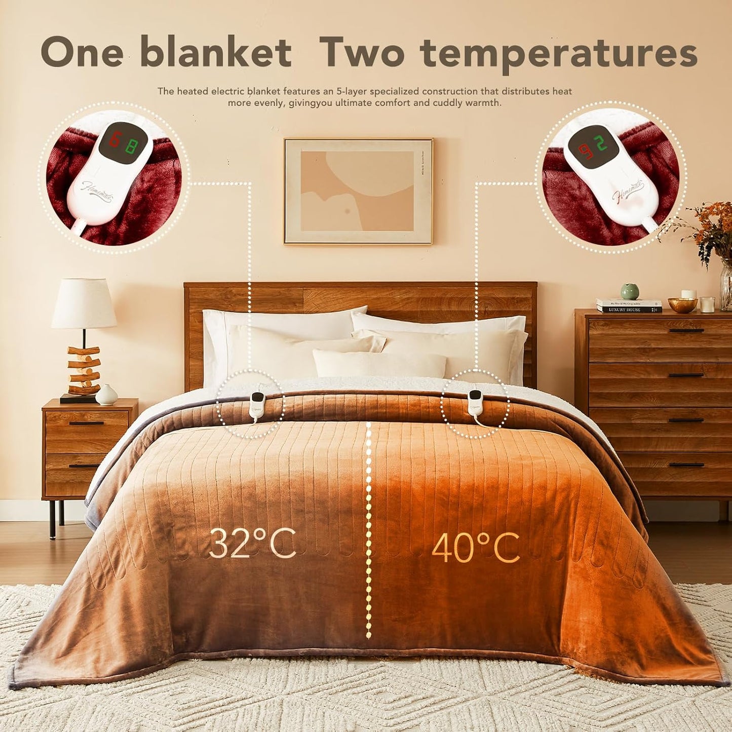 Homemate Electric Heated Blanket Twin - 62"x84" Heating Bed Blankets Throw with 10 Heating Levels 8 Hours Auto Off Fast Heating Over-Heated Protection Ultra Soft Warm Flannel ETL Certified Red