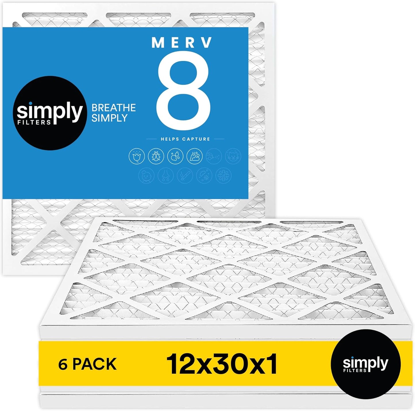 Simply 12x30x1 Air Filter, Merv 8, 6 Pack, For Home AC Furnace & HVAC (Actual Size: 11.75"x29.75"x0.75") DUST, Pet, & Allergy Control