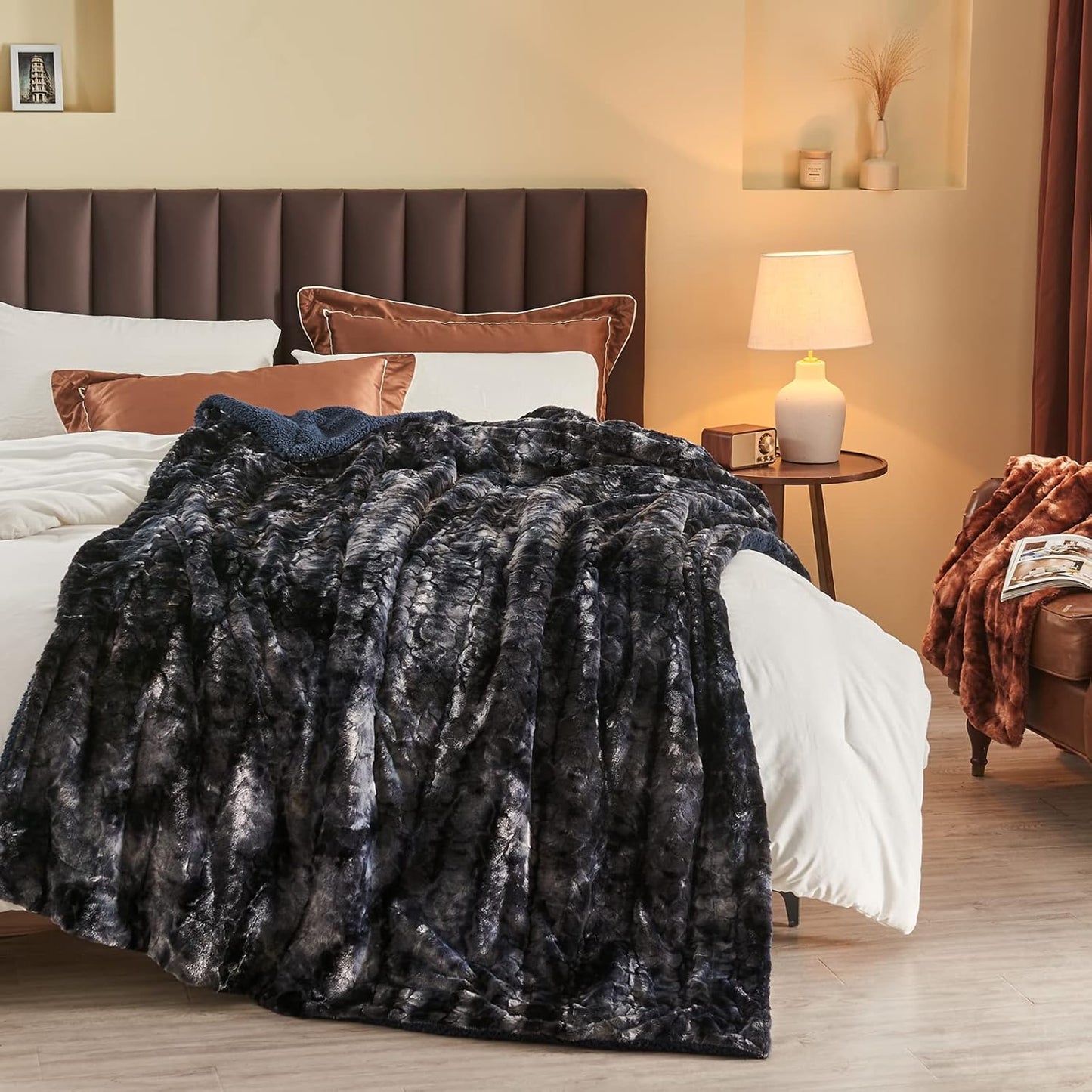 NEWCOSPLAY Super Soft Faux Fur Throw Blanket for Couch Tie-dye Black Sherpa Fuzzy Plush Warm Blanket for Sofa Bed (Tie-dye Black, Throw(50"x60"))