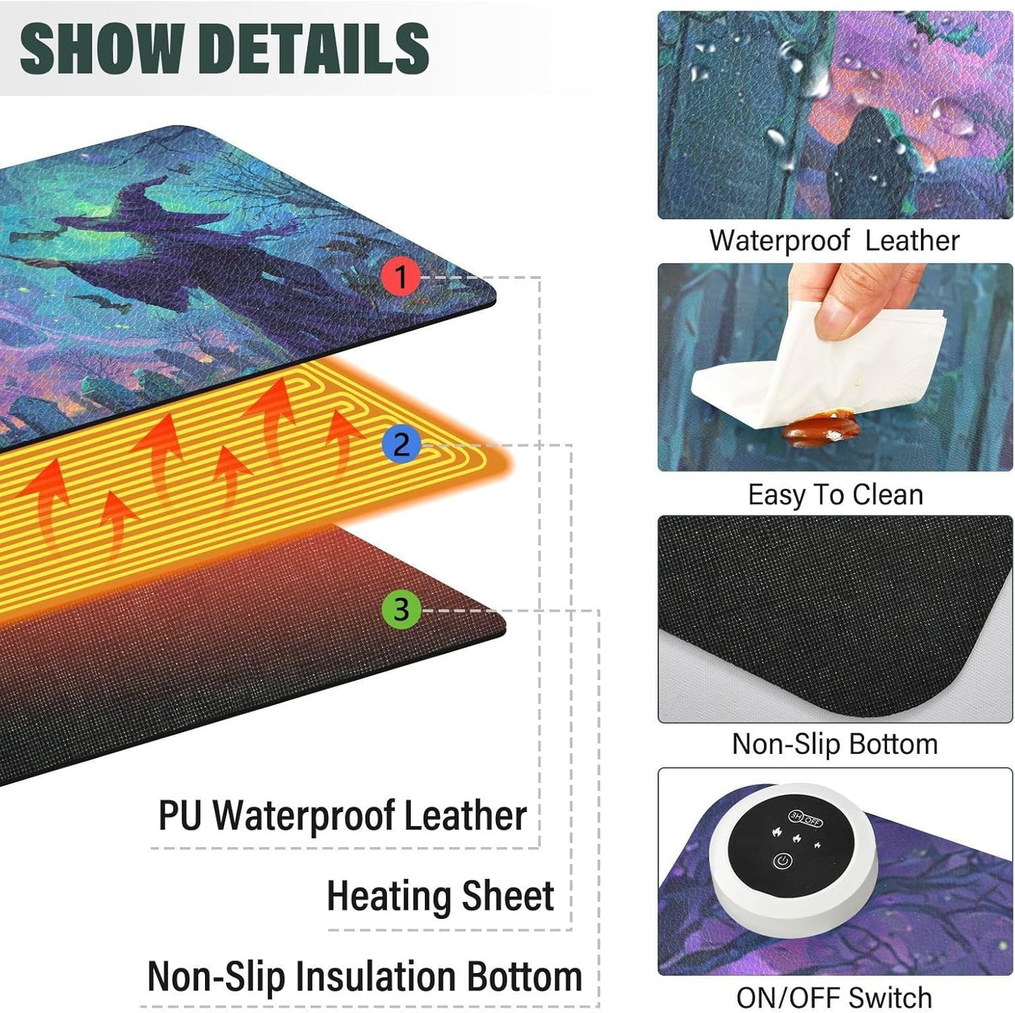 Heated Desk Pad Mouse Pad 31.5x13 Inch PU Leather Desk Mat with 3 Heat Levels Large Mouse Gaming Computer Laptop Mat Halloween Graveyard Purple