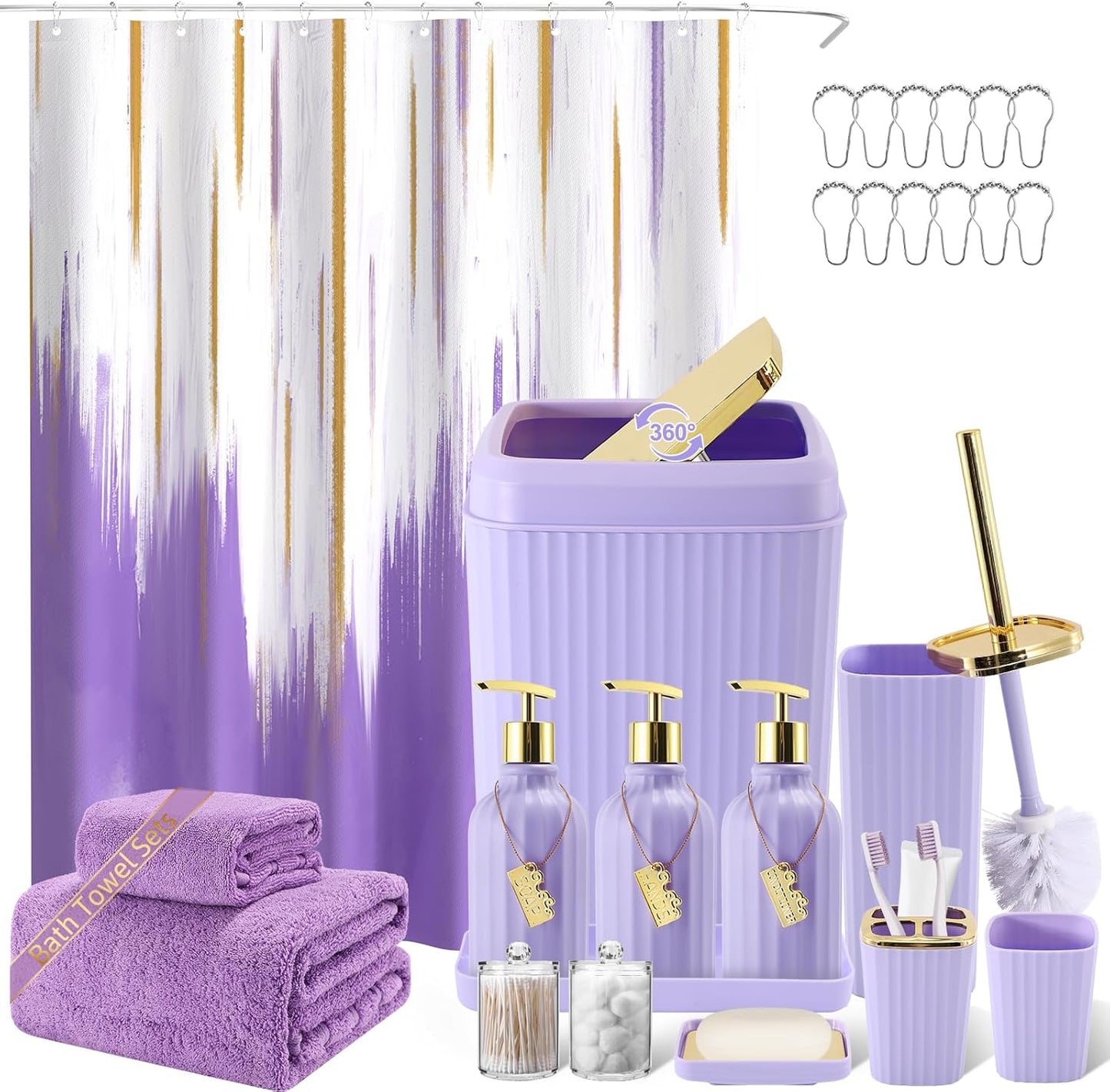 20PC Bathroom Accessory Set Bathroom Accessories Set Purple Bathroom Set, Shower Curtain Set, 2 Piece Bath Towel Set, 3PC Soap Dispenser, Toilet Brush & Trash Can