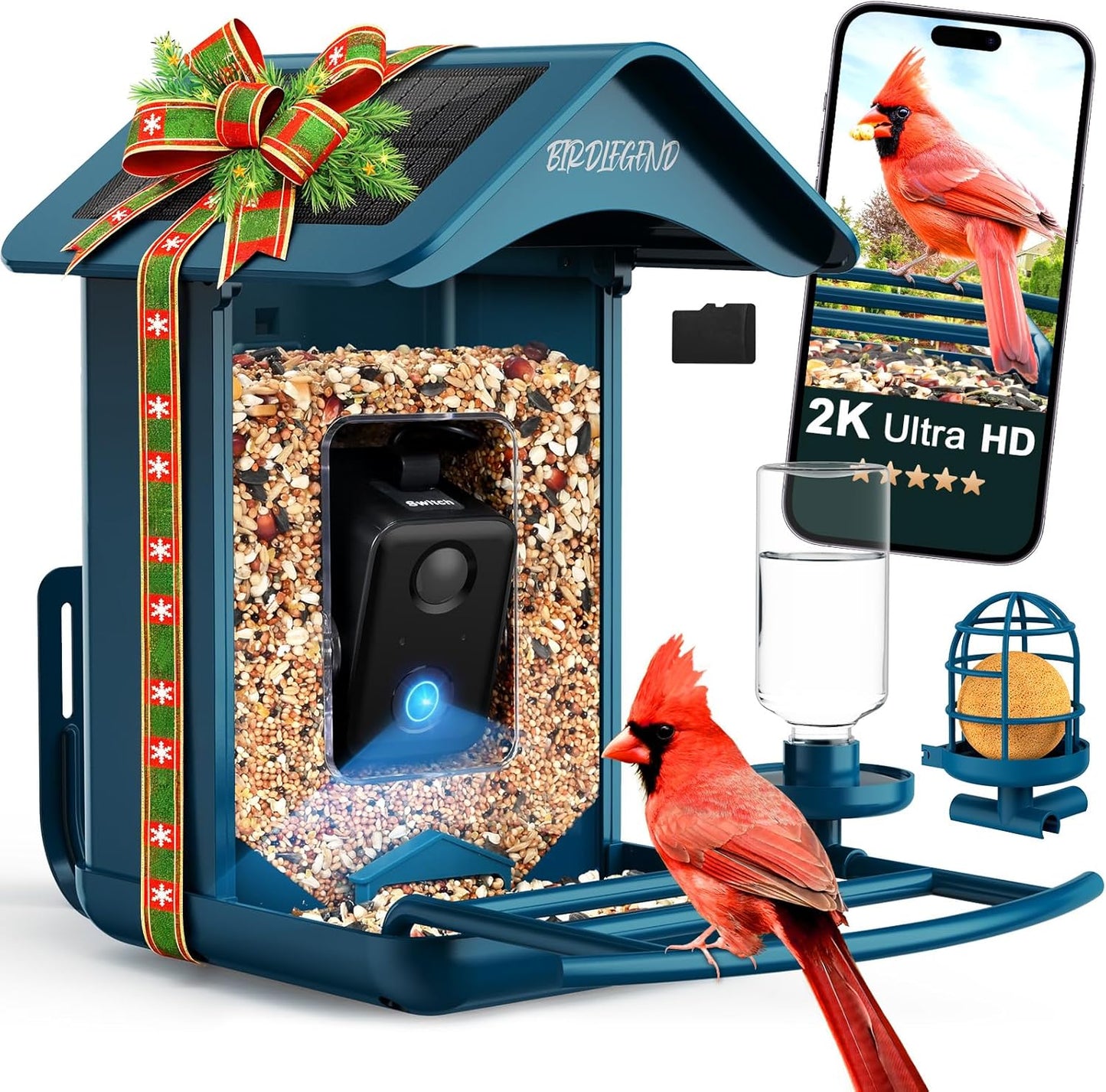BIRDLEGEND® Bird Feeder with Camera Solar Powered, 2K Portrait Live Free AI Forever Instant Arrival Alerts with 64GB Card, Smart Camera Birds Feeders Wireless Outdoor Gift for Bird Lover, 2.4G WiFi