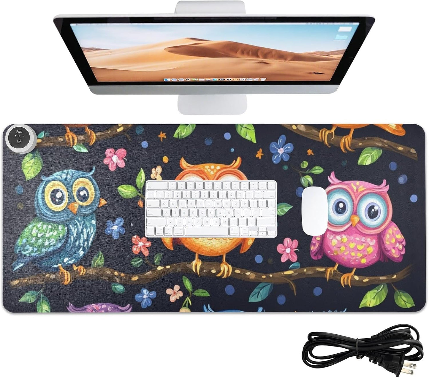 Heated Desk Pad Mouse Pad 31.5x13 Inch PU Leather Desk Mat with 3 Heat Levels Large Mouse Gaming Computer Laptop Mat Vibrant Owls Branches Flowers Spring