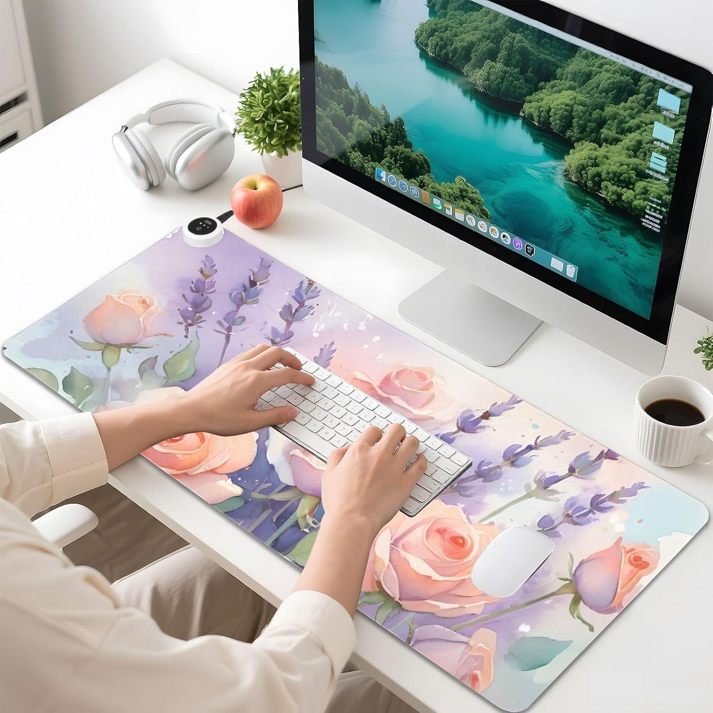 Large Heated Mouse Pad,Leather Desk Mat,31.5"x13",Hand Warmer Pads for Desk,Lavender Rose(Morandi)