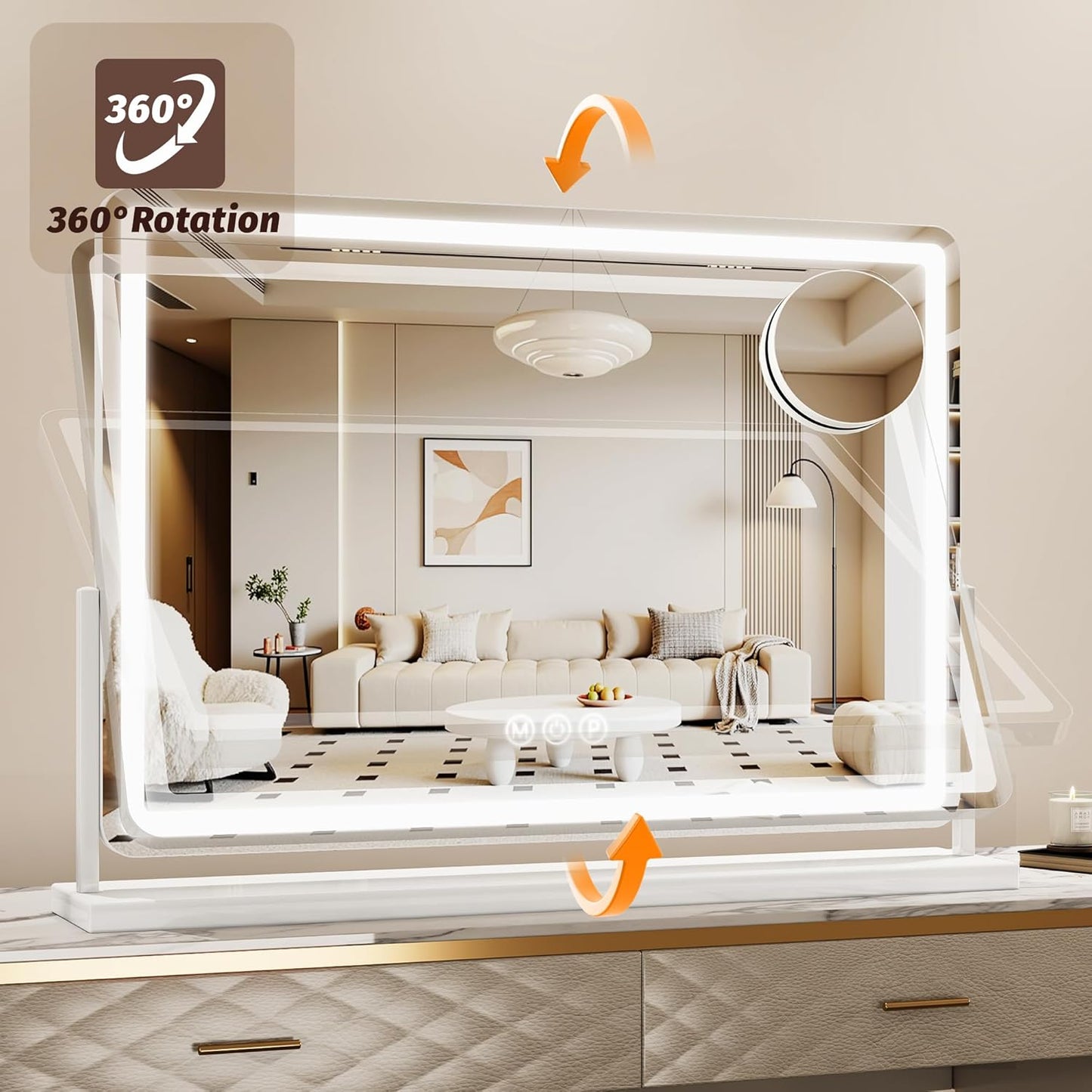 Vanity Mirror with Lights, 32"x22" Hollywood Lighted Makeup Mirror for Tabletop & Bedroom 3 Color Lighting Modes Smart Touch Control 360° Rotation Detachable