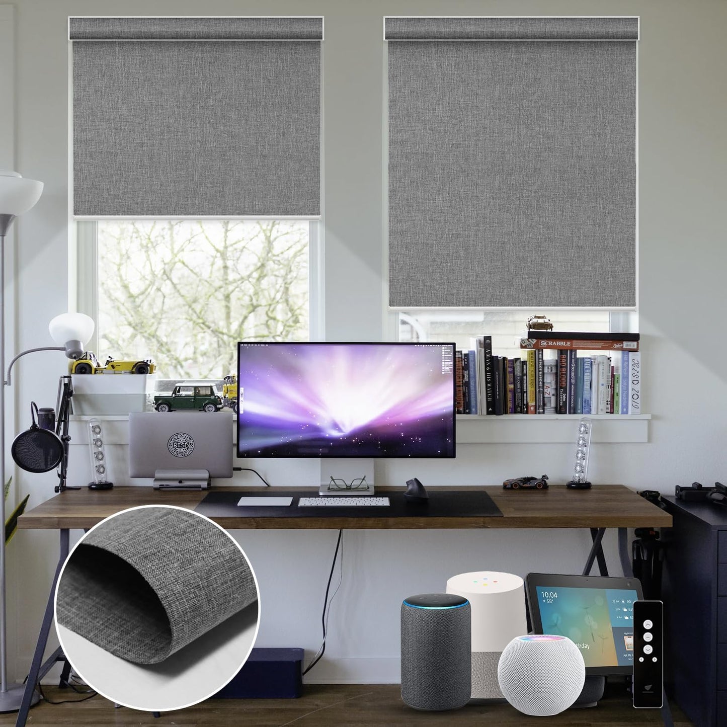 SmartWings Motorized Blinds Dual-Sided Cordless Smart Blackout Shades, Custom Size, Rechargeable Battery, Work with Matter/Apple HomeKit, Alexa, Thread/Zigbee, Remote Optional, Bouvardia Medium Grey