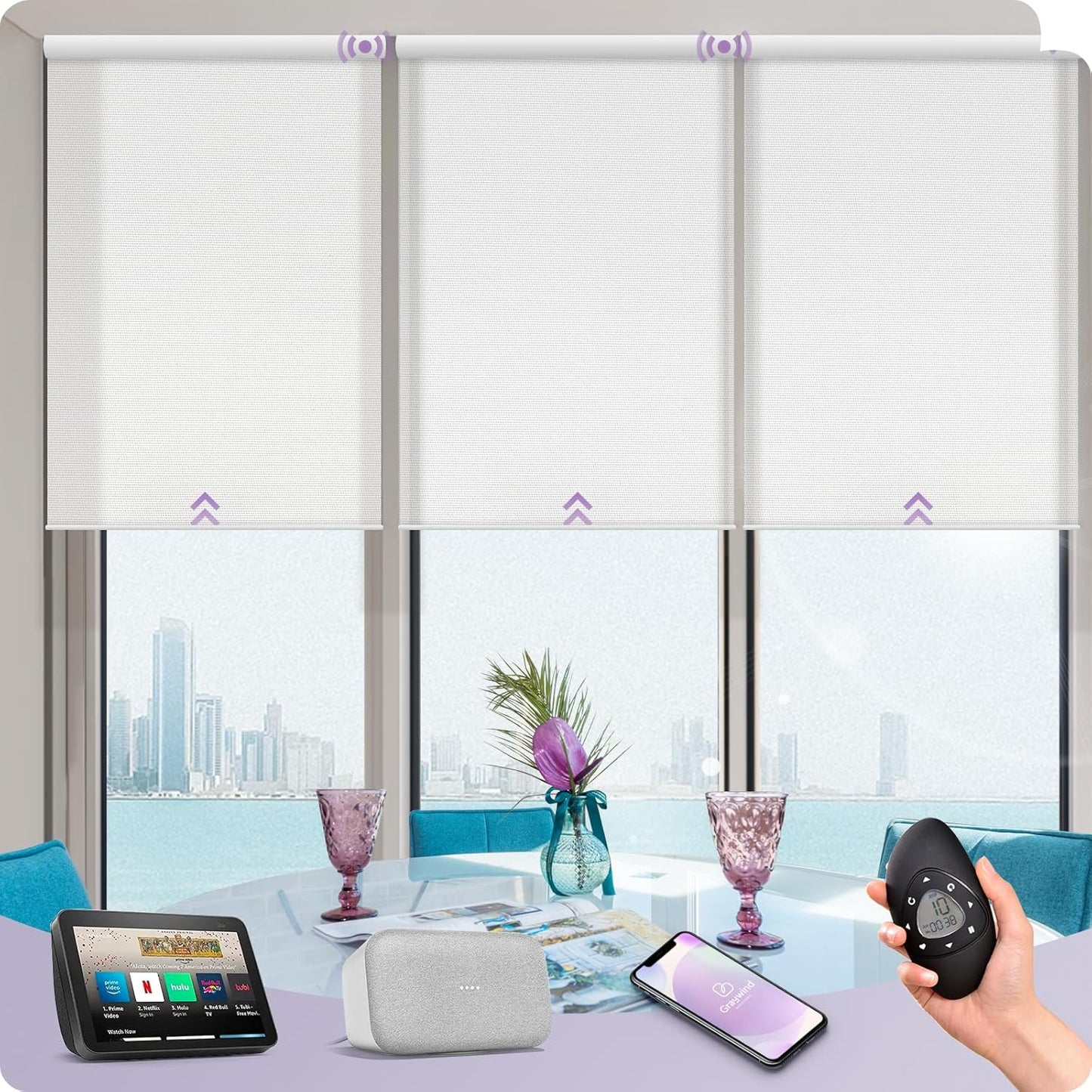 Graywind Motorized Solar Shades Light Filtering Mesh Shade Compatible with Alexa Google Remote Control Window Blinds with Valance for Smart Home Office Business, Custom Size (1% Openness White)