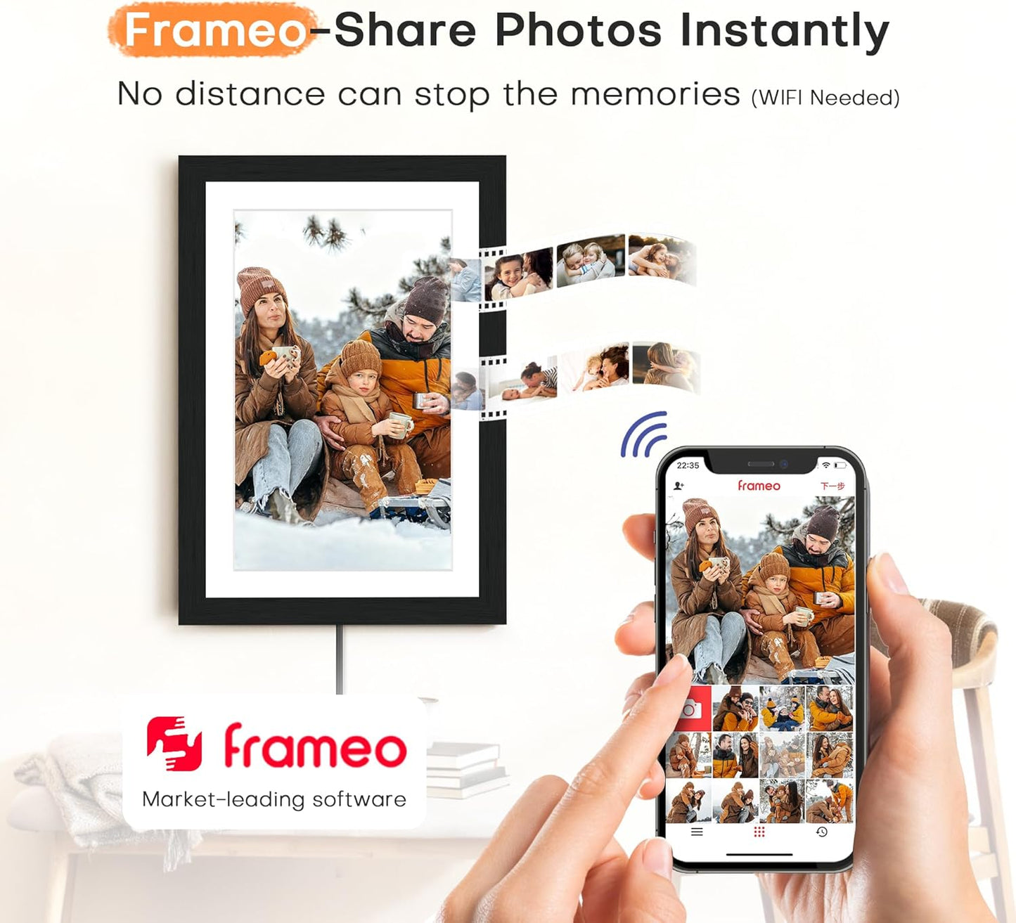 Digital Picture Frame, Frameo Digital Photo Frame WiFi, 10.1 Inch Electric Frame 1280 * 800IPS Touch Screen, 32GB Memory, Auto-Rotate, Share Videos Pictures, Gifts for Women, for Mom, Black Wooden