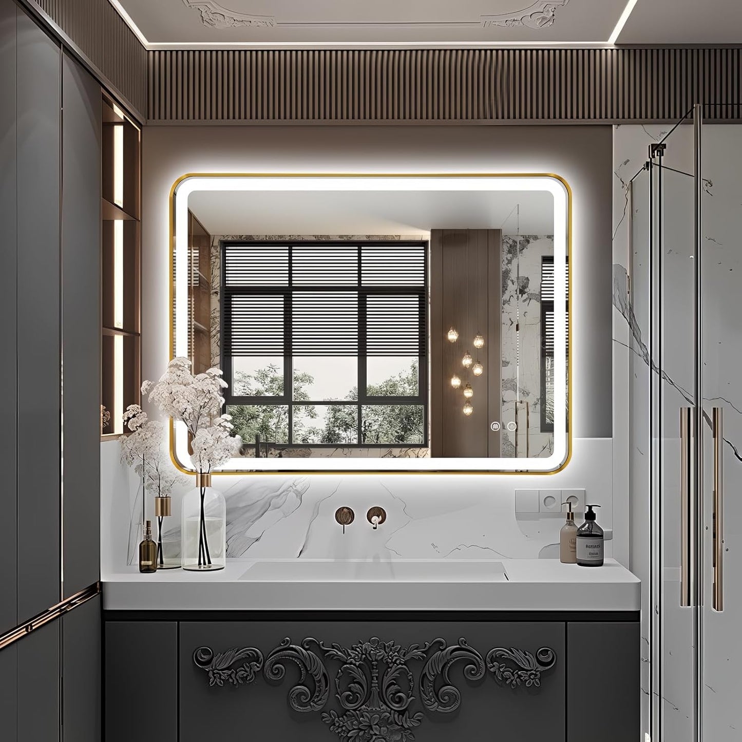 Rectangle LED Bathroom Mirror, 40"x30" Anti-Fog Double Touch Lighted Wall Vanity Mirror 45° Beveled Metal Frame Stepless Adjustable Color Temperature Smart Mirror 3000K-6000K, Gold