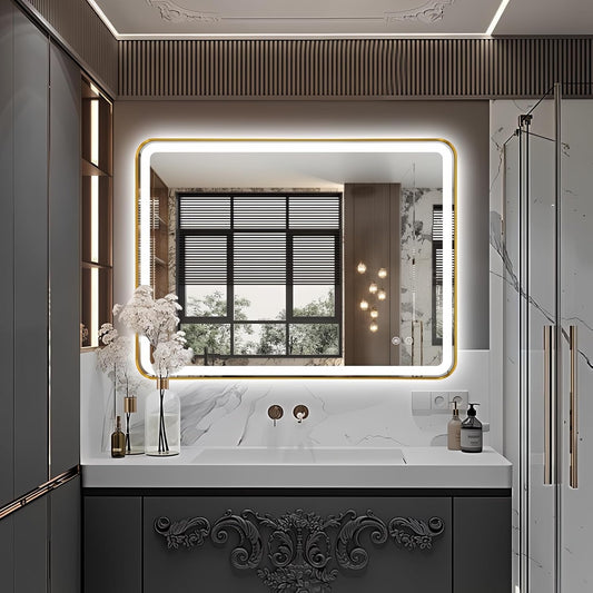 Rectangle LED Bathroom Mirror, 40"x30" Anti-Fog Double Touch Lighted Wall Vanity Mirror 45° Beveled Metal Frame Stepless Adjustable Color Temperature Smart Mirror 3000K-6000K, Gold