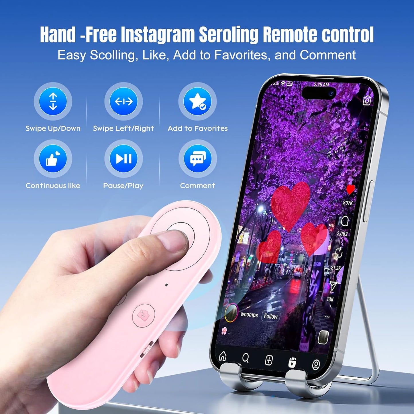 Phone Remote Controller - Bluetooth Remote for iPhone with Air Mouse Control, TikTok Scrolling Ring, Bluetooth Page Turner, Camera & Music Remote, YouTube & Instagram, iOS&Android, Pink
