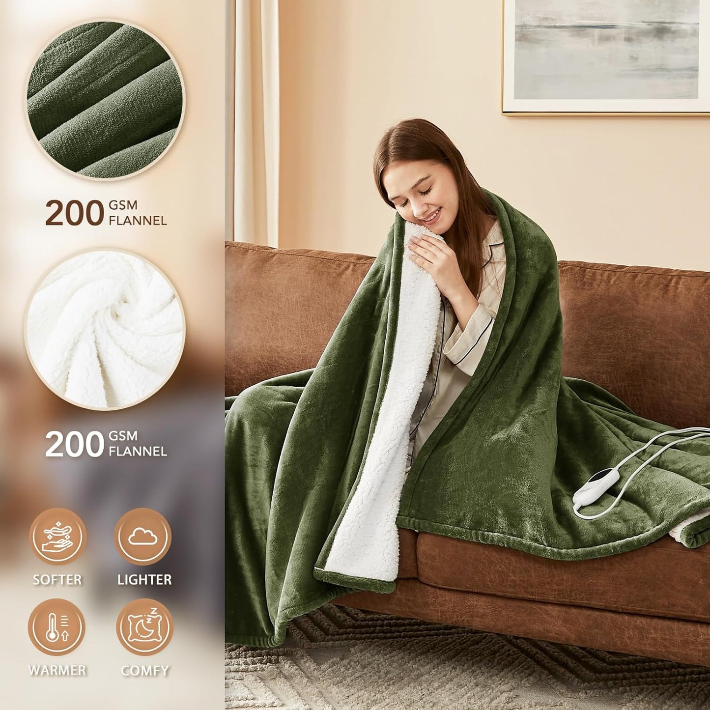 Homemate Electric Heated Blanket Queen Size - 84"x90" Heating Blanket Queen Size Dual Control 1/2/4/6/8 Hours Auto-Off 10 Heat Level Over-Heat Protection Flannel Sherpa ETL Certification
