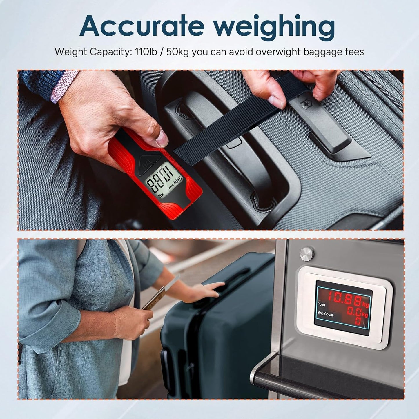 travel inspira Luggage Scale Battery-Free, Travel Essentials, Portable Handheld Digital Suitcase Weight Scale for for Travel Accessories, 110lbs/50kg (Red)