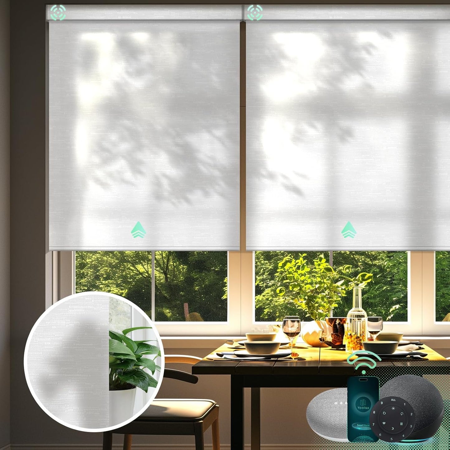 Yoolax Motorized Blinds with Remote, Light Filtering Smart Blinds Work with Alexa Google Home, Automatic Roller Shades for Indoor Windows Living Room, Custom Size (Jacquard White)