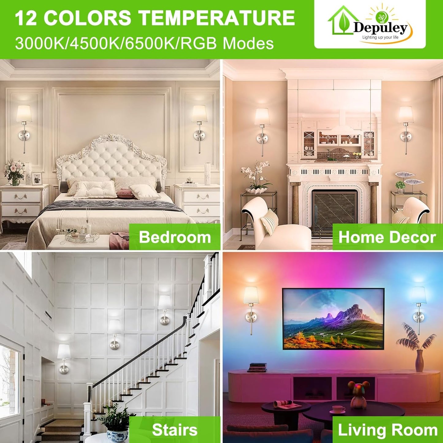 Depuley Battery Operated Wall Sconce: Set of 2 19.9 Inch Wireless Wall Lights with Remote for Bedroom - Rechargeable 15 Colors Wall Lamp for Living Room Hallway Decor - Brushed Nickel
