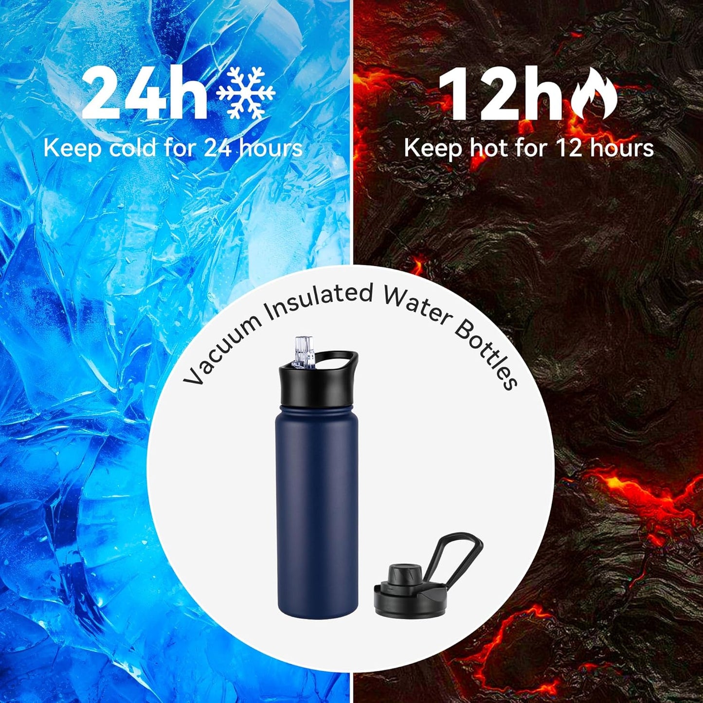 VEGOND 24oz Insulated Stainless Steel Water Bottle with Straw Lid, Double Wall Vacuum Bottle for Hiking, Camping, Sports, Navy Blue 8 Pack