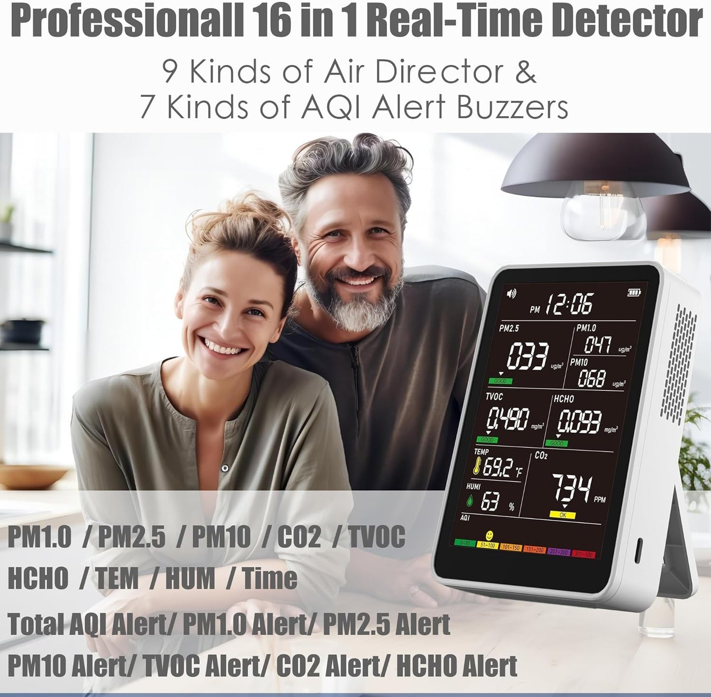 Professional Indoor Air Quality Monitor with AQI Beep Alarms, Portable Real-Time Detector for Home Cars Plants and Pets (White)