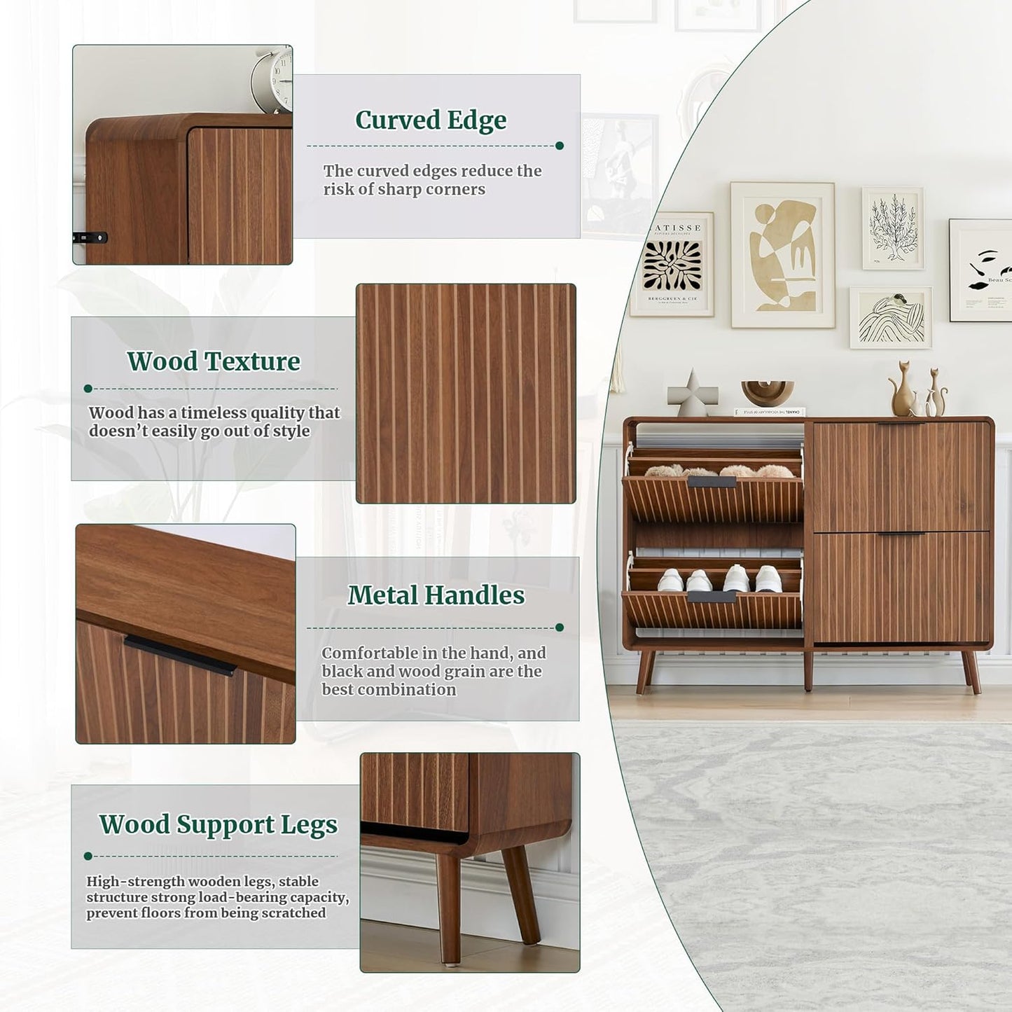 47" Fluted Large Shoe Cabinet with 4 Flip Drawers, Slim Freestanding Shoe Cabinet Organizer, Narrow Shoes Storage Rack for Entryway, 5 Sturdy Legs (All Walnut, 9.45" D x 47.24" W x 35.83" H)