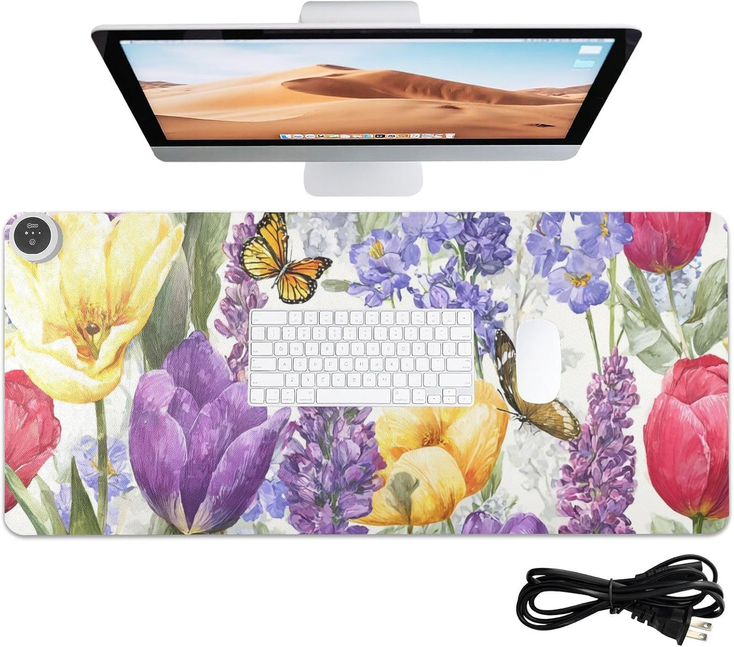 Heated Desk Pad Mouse Pad 31.5x13 Inch PU Leather Desk Mat with 3 Heat Levels Large Mouse Gaming Computer Laptop Mat Tulips Lavenders Purple Butterfly