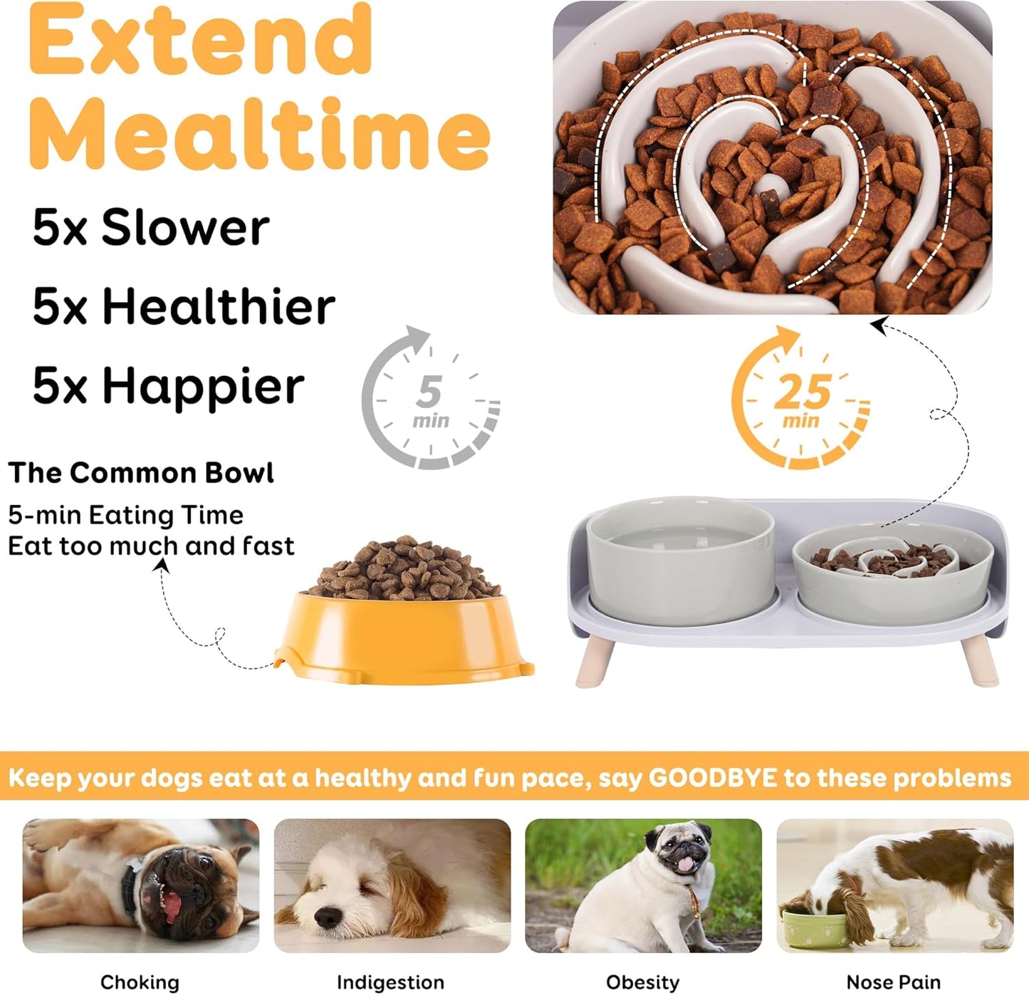 Elevated Slow Feeder Dog Bowls - Ceramic Food and Water Bowl Set with Stand - Raised Pet Dishes for Small and Medium Sized Dogs