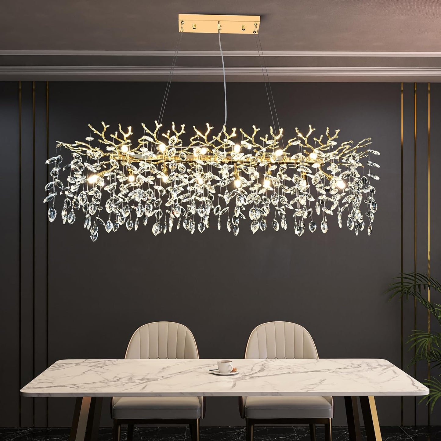 Gold Crystal Chandelier Modern High Ceiling Tree Branch Chandeliers Lighting Luxury Foyer Entryway Staircase Living Room Large Raindrop Large Hanging Pendant Light Fixture
