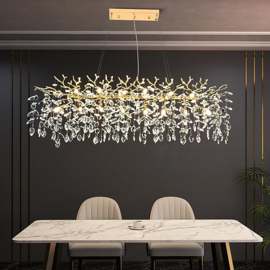Gold Crystal Chandelier Modern High Ceiling Tree Branch Chandeliers Lighting Luxury Foyer Entryway Staircase Living Room Large Raindrop Large Hanging Pendant Light Fixture
