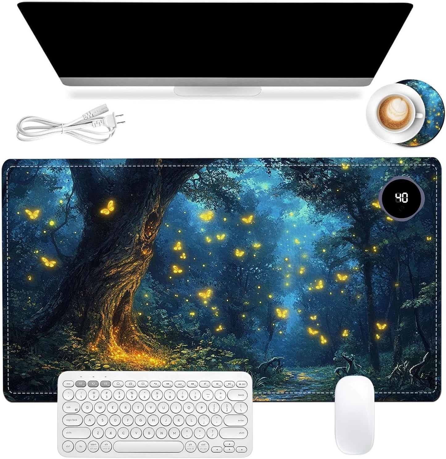 Heated Mouse Pad 23.6 x 14 in 3-Temp Fast Heating Desk Mat with Auto Timer Warmer for Hands Wrist Pain Relief Waterproof Keyboard Mat for Office, Gaming, Home, Enchanted Forest Glow